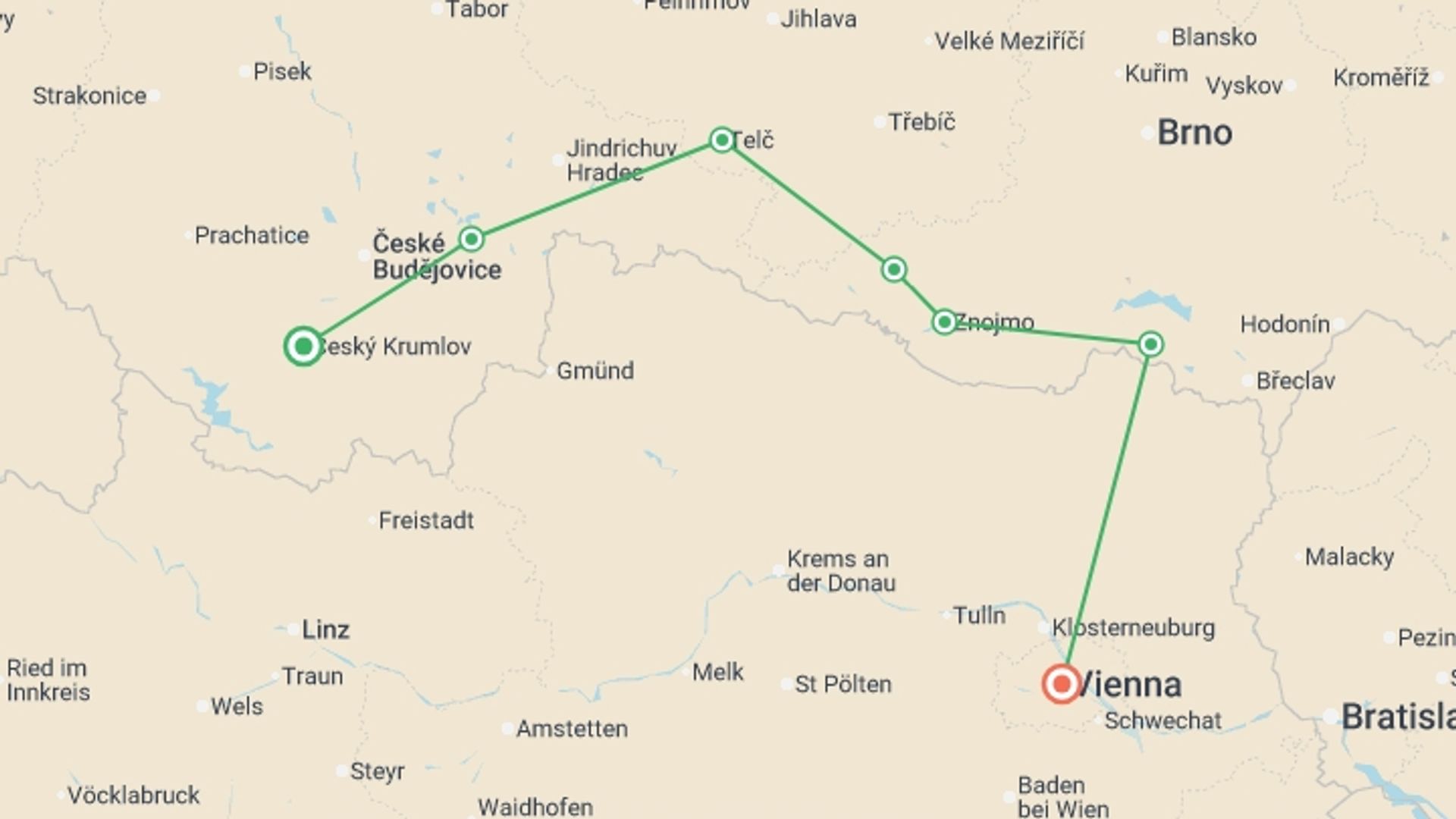 A map showing the tour itinerary for the trip: Prague to Vienna Guided Cycle, starting in Prague, Czech Republic and ending in Vienna, Austria going through 3 other destinations.