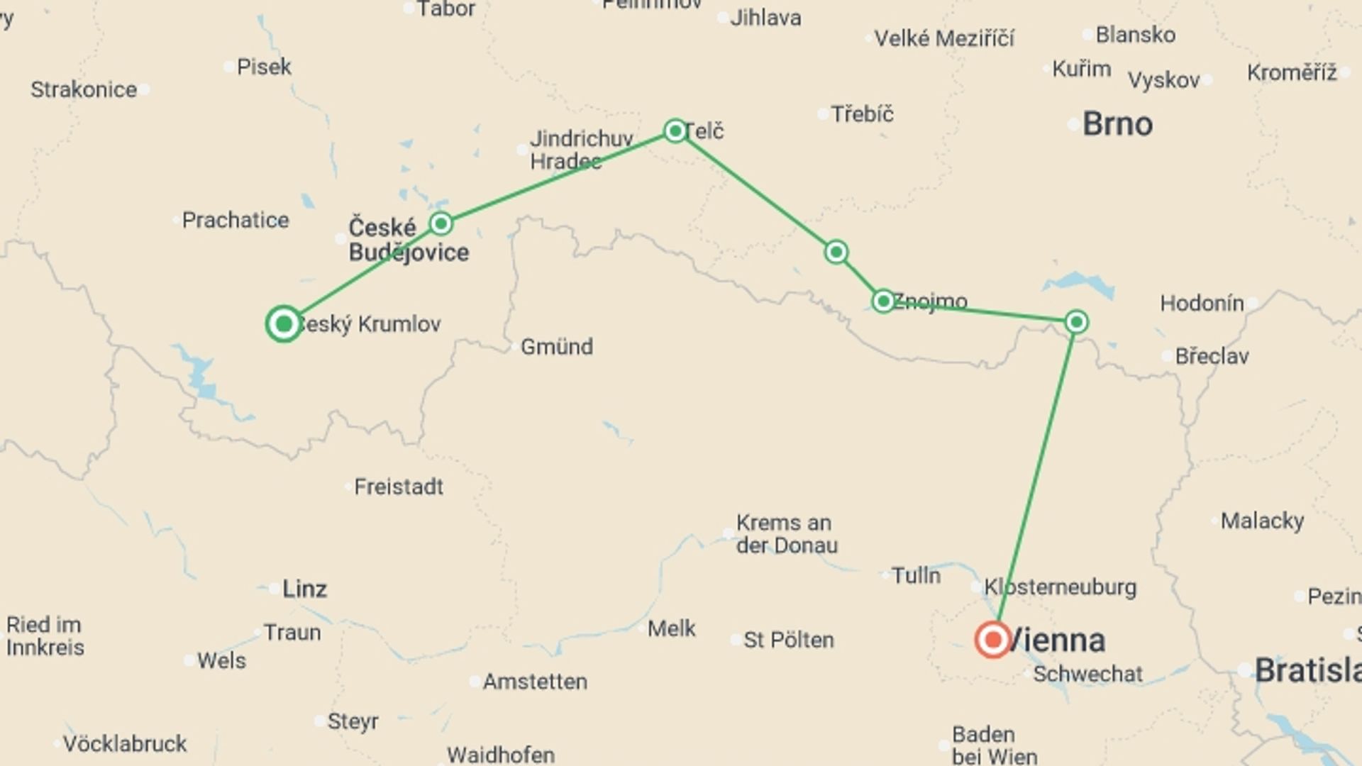 A map showing the tour itinerary for the trip: Prague to Vienna Guided Cycle, starting in Prague, Czech Republic and ending in Vienna, Austria going through 3 other destinations.