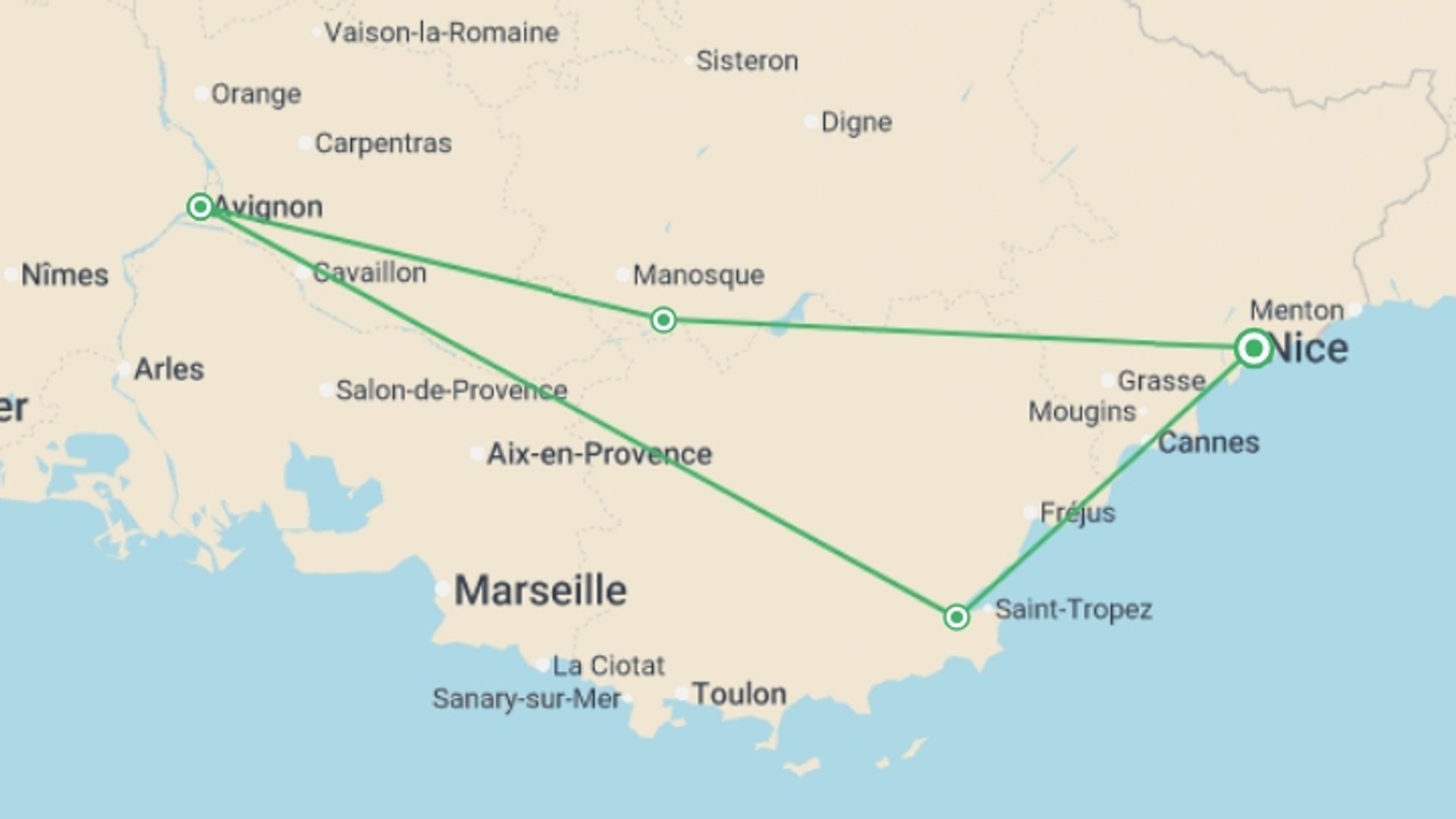 A map showing the tour itinerary for the trip: Provence and the French Riviera, starting in Nice, France and ending in Nice, France going through 4 other destinations.