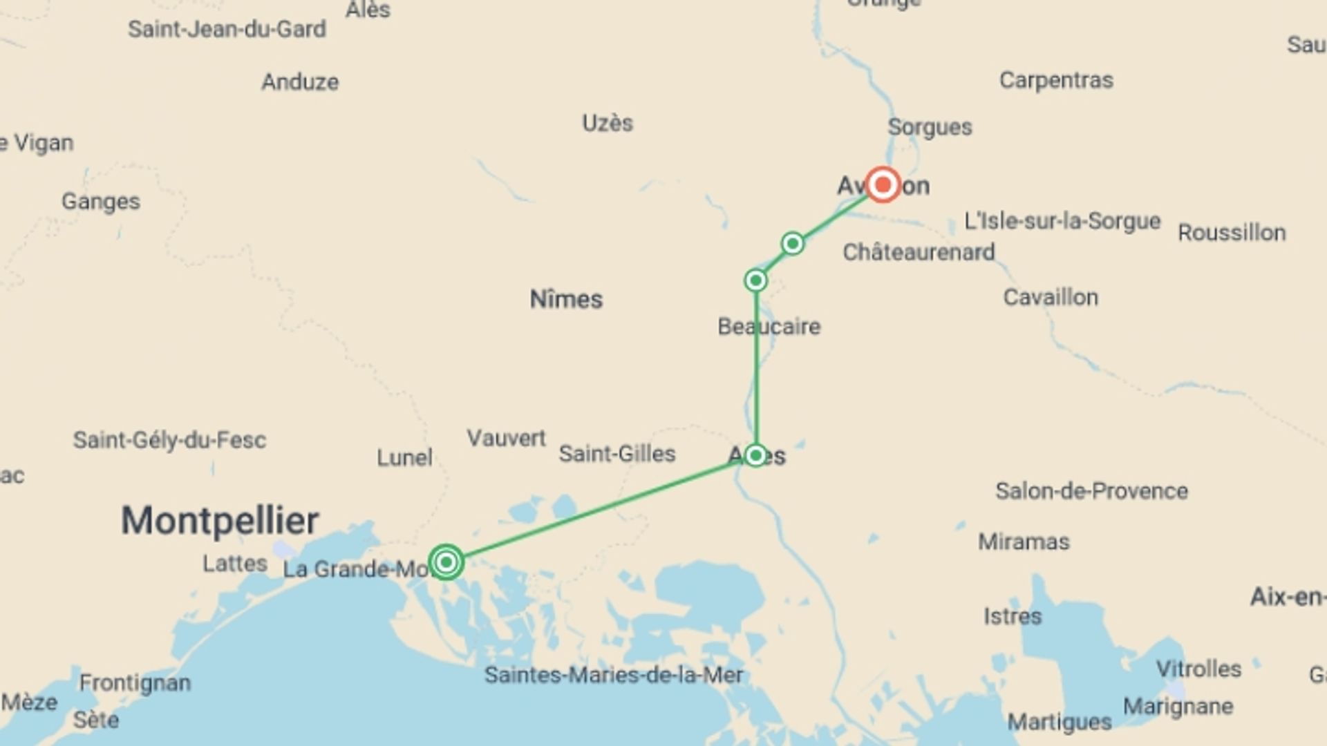 A map showing the tour itinerary for the trip: Provence Bike & Boat, starting in Avignon, France and ending in France going through 4 other destinations.