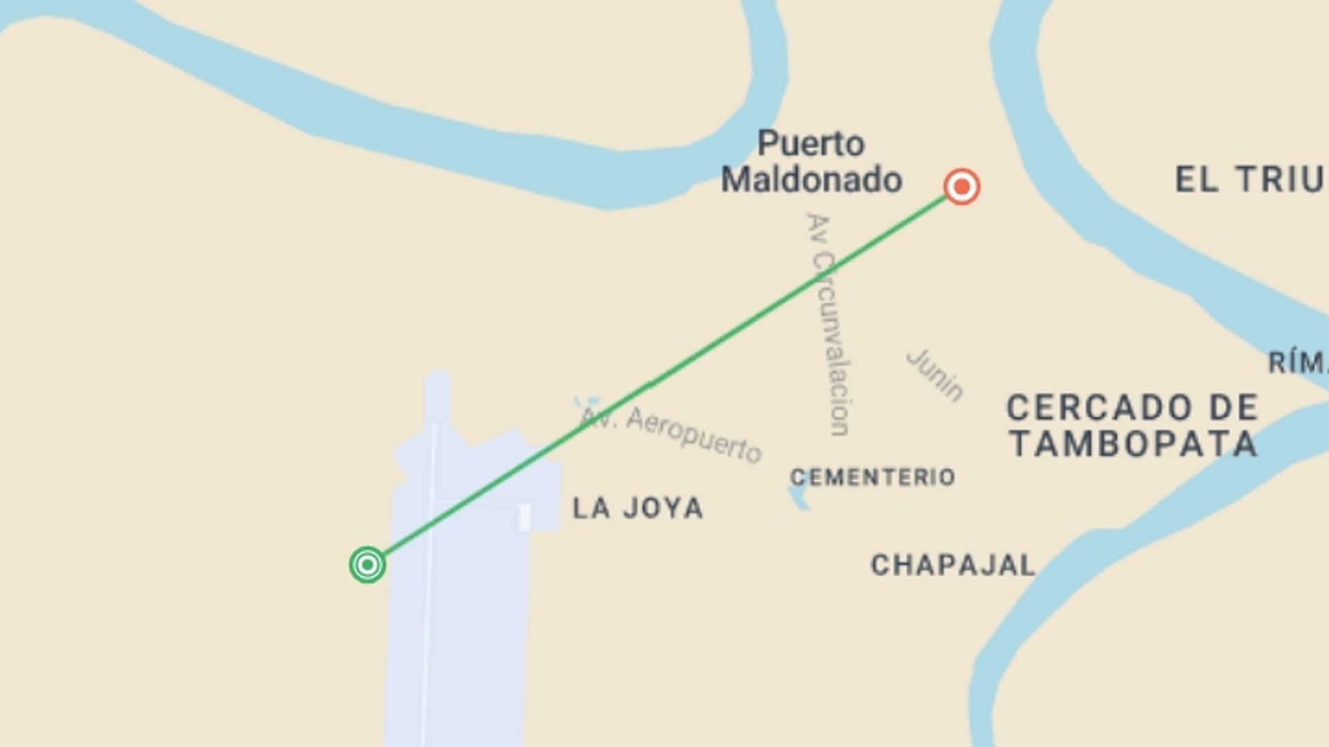 A map showing the tour itinerary for the trip: Puerto Maldonado Amazon Eco-Lodge Claylick 4D/3N, starting in Puerto Maldonado, Peru and ending in Puerto Maldonado, Peru going through 1 other destinations.