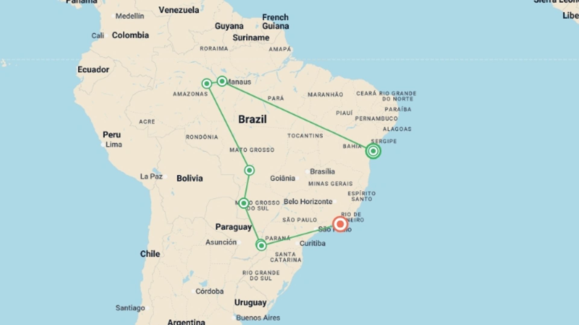 A map showing the tour itinerary for the trip: Pure Brazil, starting in Salvador, Brazil and ending in Rio de Janeiro, Brazil going through 8 other destinations.