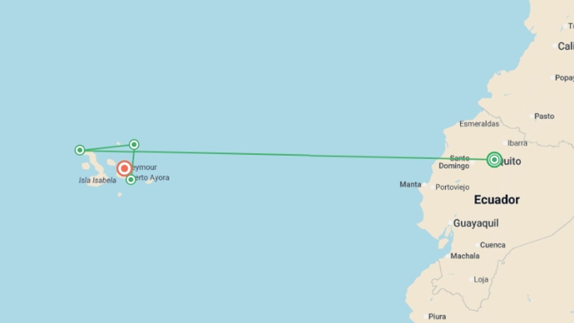 A map showing the tour itinerary for the trip: Quito And Legend Galapagos Cruise, starting in Quito, Ecuador and ending in Quito, Ecuador going through 4 other destinations.
