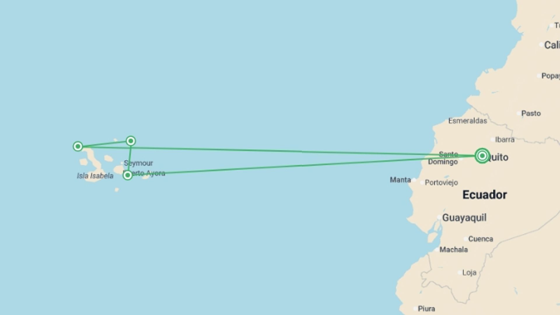 A map showing the tour itinerary for the trip: Quito And Legend Galapagos Cruise, starting in Quito, Ecuador and ending in Quito, Ecuador going through 3 other destinations.