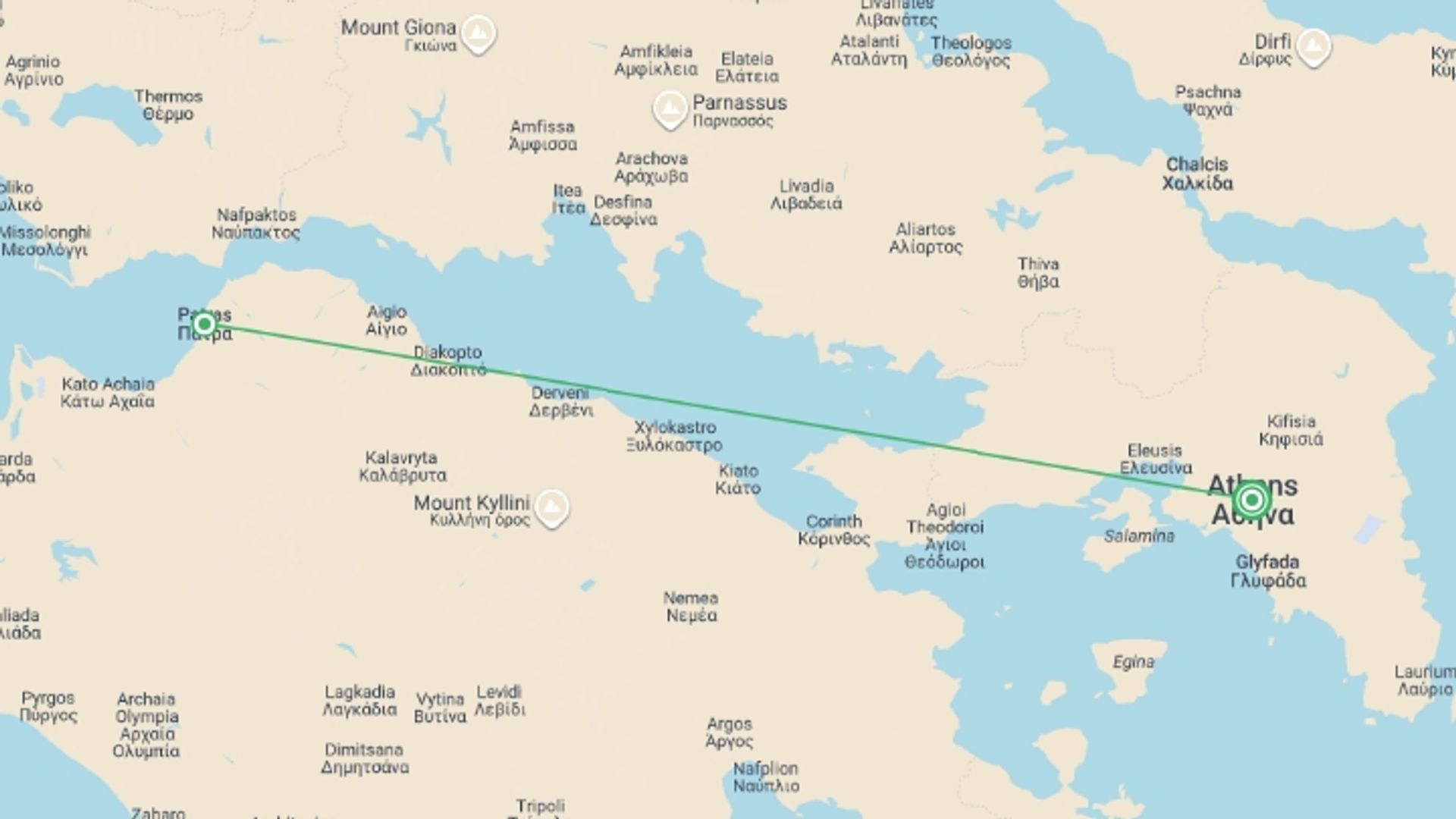 A map showing the tour itinerary for the trip: Radiant Peloponnese, starting in Athens, Greece and ending in Athens, Greece going through 1 other destinations.