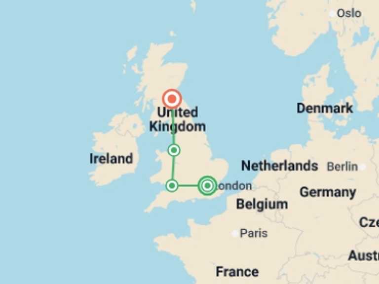 Map of a City sightseeing Tour with 5 destination visits for the trip: Real Britain