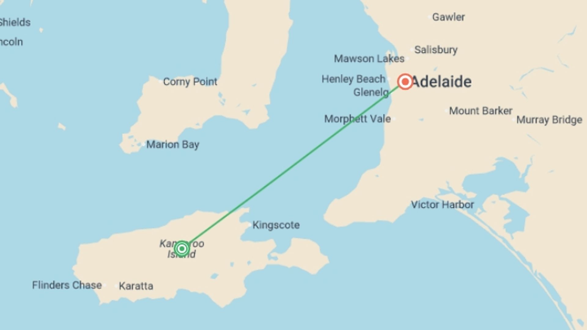 A map showing the tour itinerary for the trip: Remarkable Adelaide to Kangaroo Island, starting in Adelaide, Australia and ending in Adelaide, Australia going through 2 other destinations.