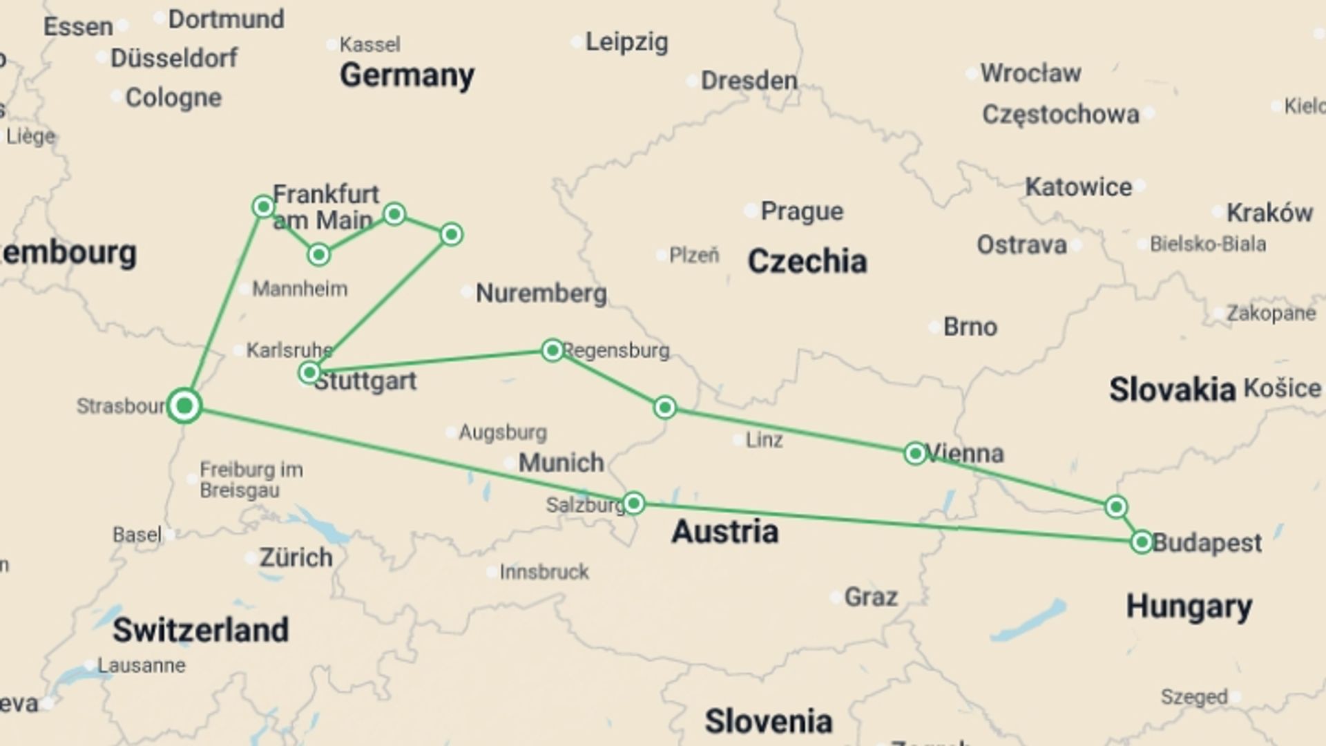 A map showing the tour itinerary for the trip: RHINE - MAIN - DANUBE Trans-European Cruise, starting in Strasbourg, France and ending in Strasbourg, France going through 7 other destinations.