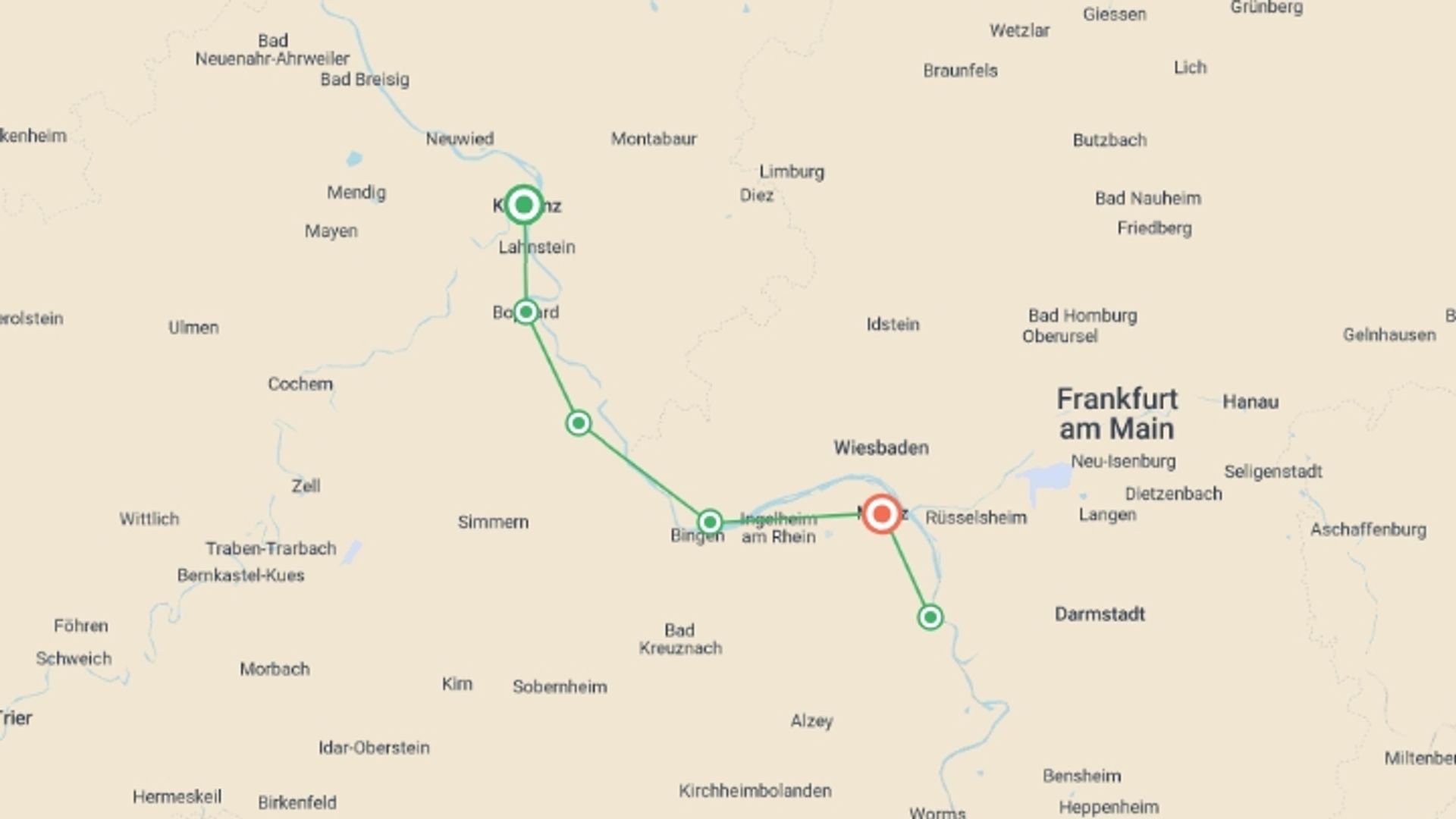 A map showing the tour itinerary for the trip: Rhine Valley Bike & Barge, starting in Koblenz, Germany and ending in Mainz, Germany going through 3 other destinations.
