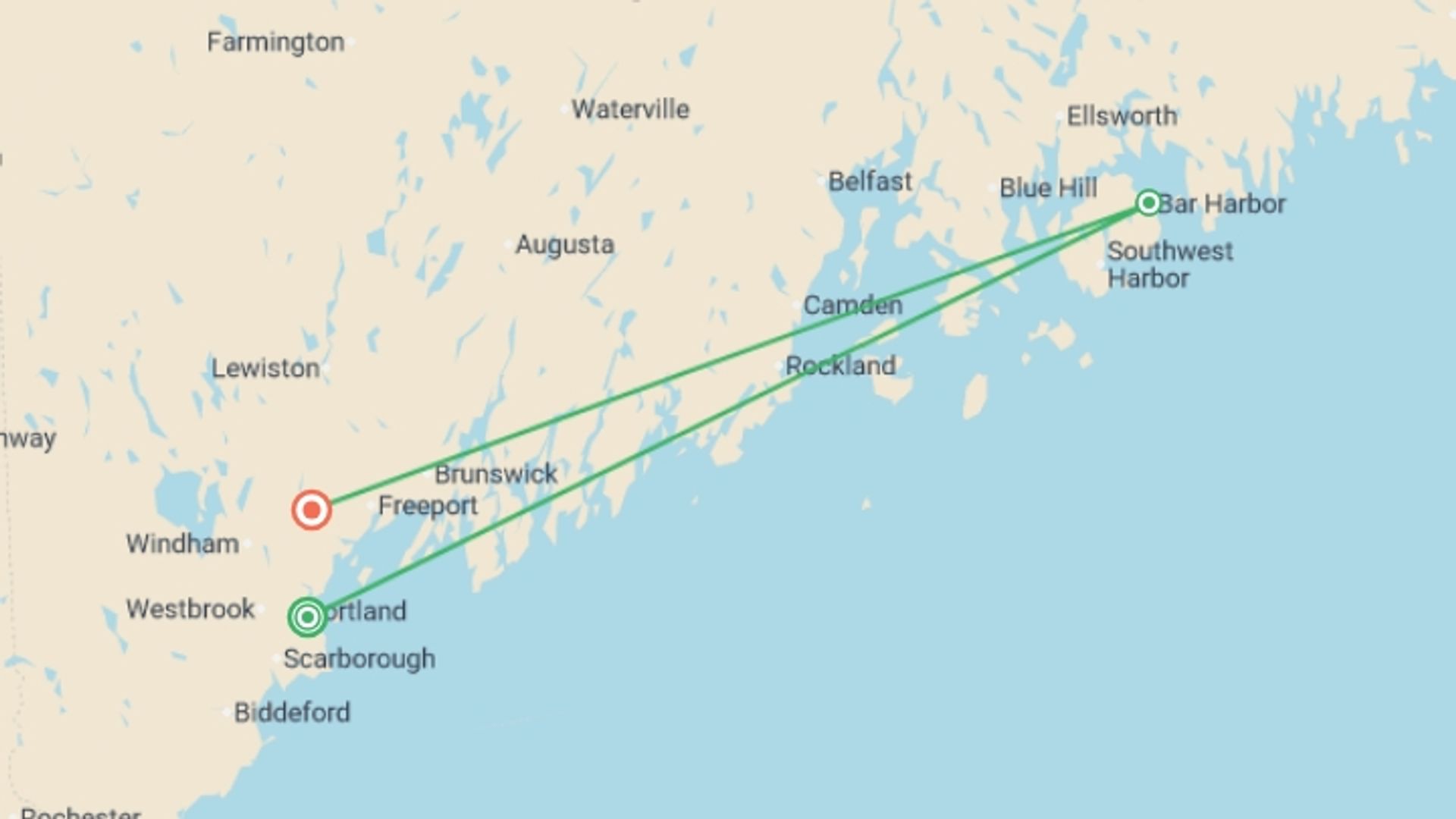 A map showing the tour itinerary for the trip: Roaming Coastal Maine featuring Portland, Acadia & Penobscot Bay, starting in USA and ending in USA going through 1 other destinations.