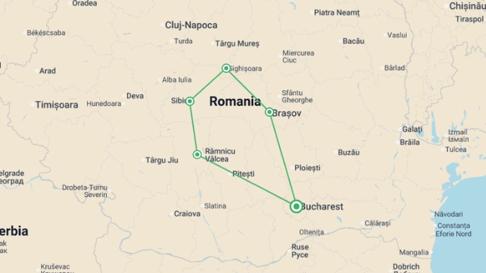 A map showing the tour itinerary for the trip: Romania: Mountains to Monasteries, starting in Bucharest, Romania and ending in Bucharest, Romania going through 4 other destinations.