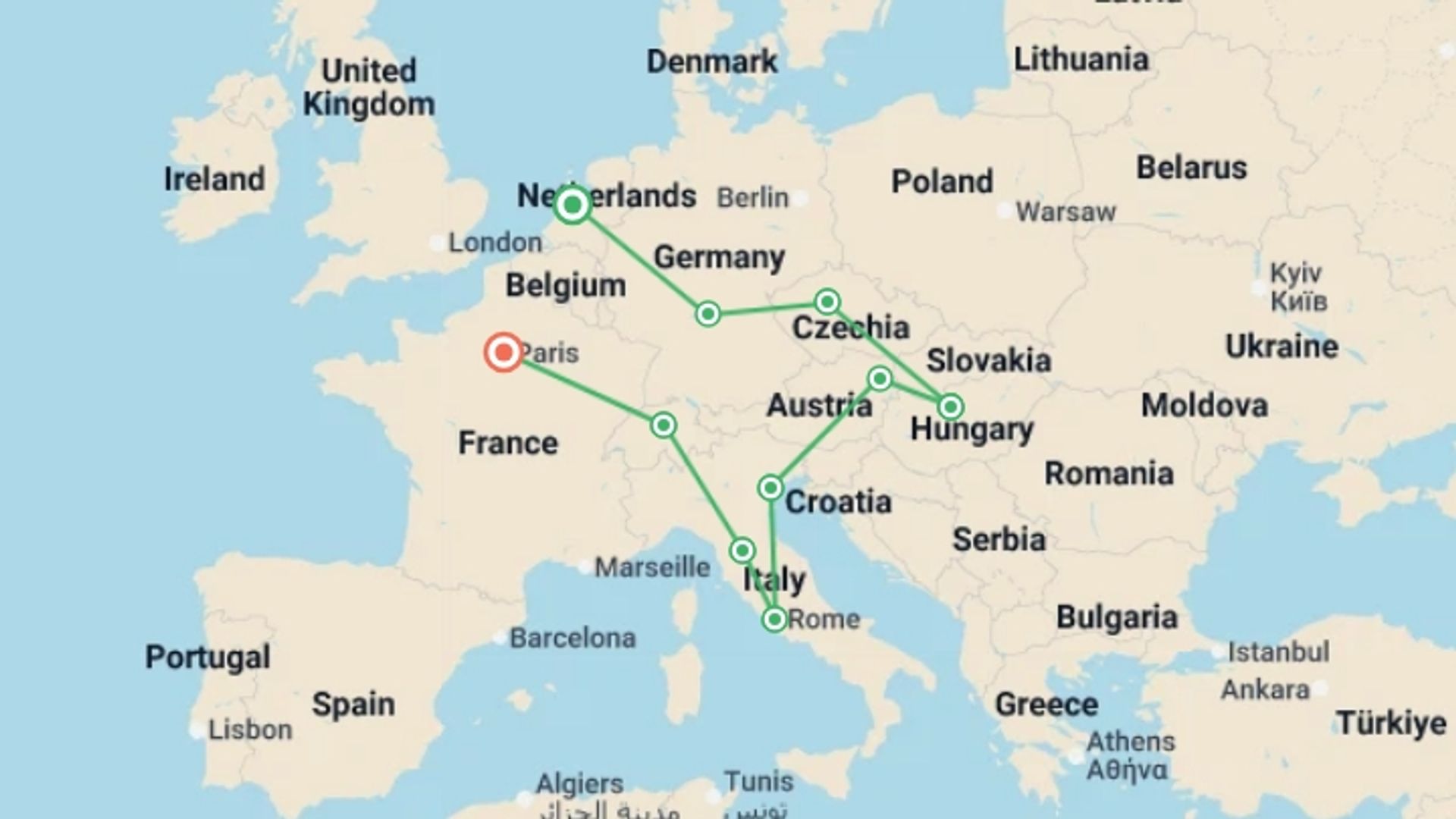 A map showing the tour itinerary for the trip: Romantic European, starting in London, England and ending in Paris, France going through 11 other destinations.