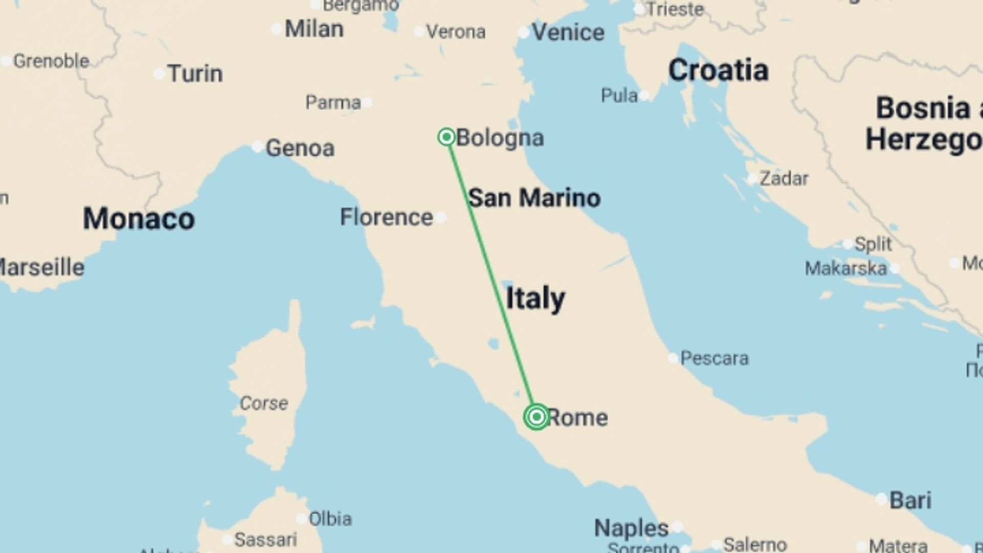 A map showing the tour itinerary for the trip: Rome & Bologna Cultural Escape, starting in Rome, Italy and ending in Venice, Italy going through 3 other destinations.