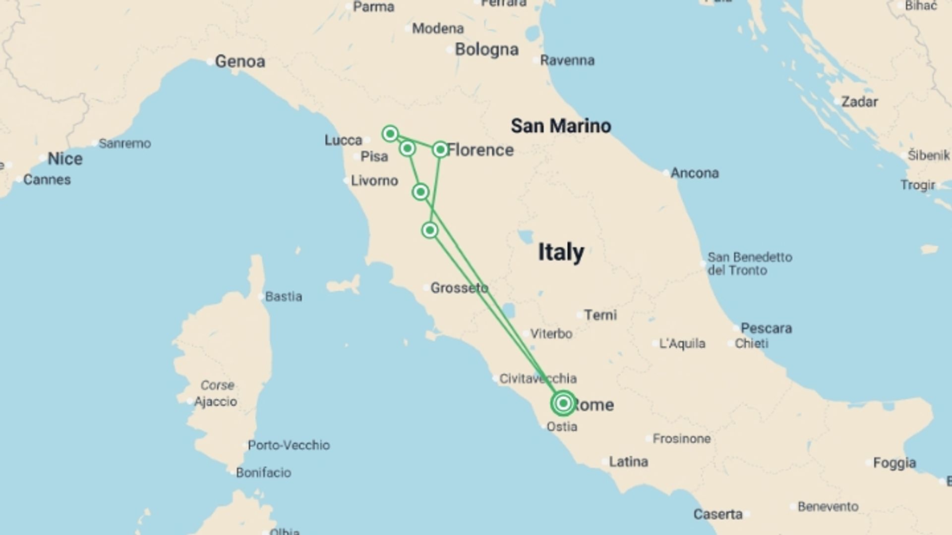 A map showing the tour itinerary for the trip: Rome and Tuscan Highlights, starting in Rome, Italy and ending in Rome, Italy going through 4 other destinations.