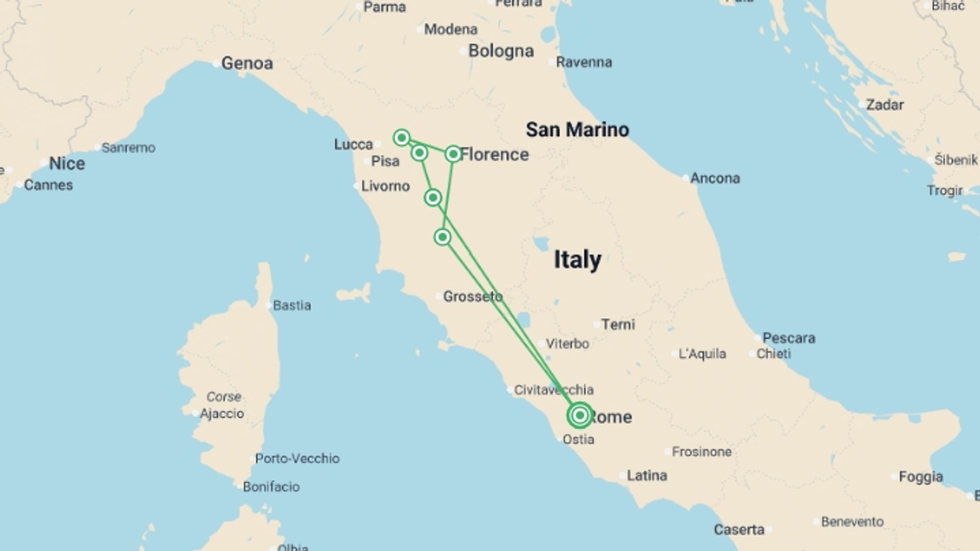 A map showing the tour itinerary for the trip: Rome and Tuscan Highlights, starting in Rome, Italy and ending in Rome, Italy going through 4 other destinations.