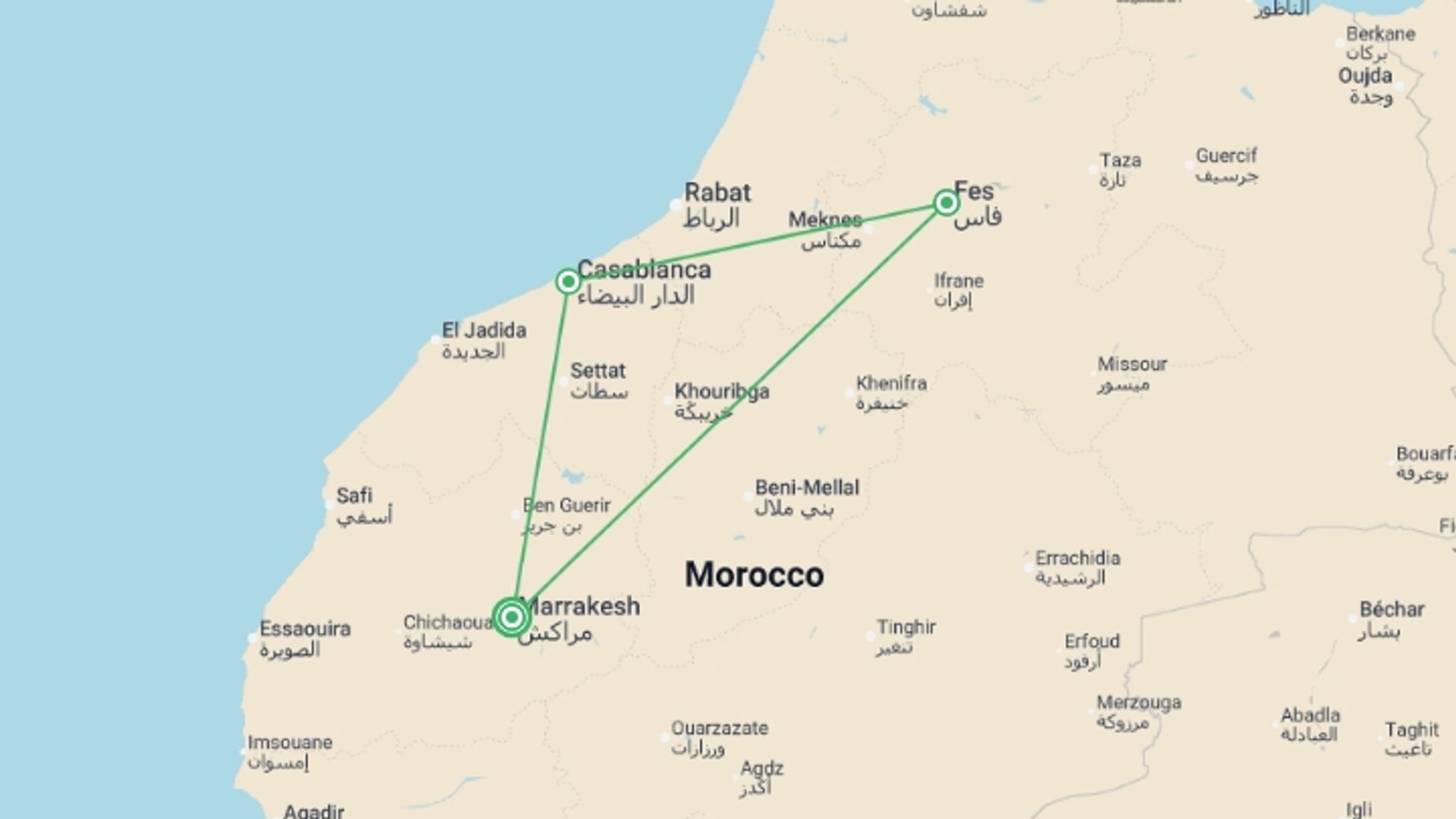 A map showing the tour itinerary for the trip: Royal Cities of Morocco and Essaouira, starting in Marrakech, Morocco and ending in Marrakech, Morocco going through 4 other destinations.
