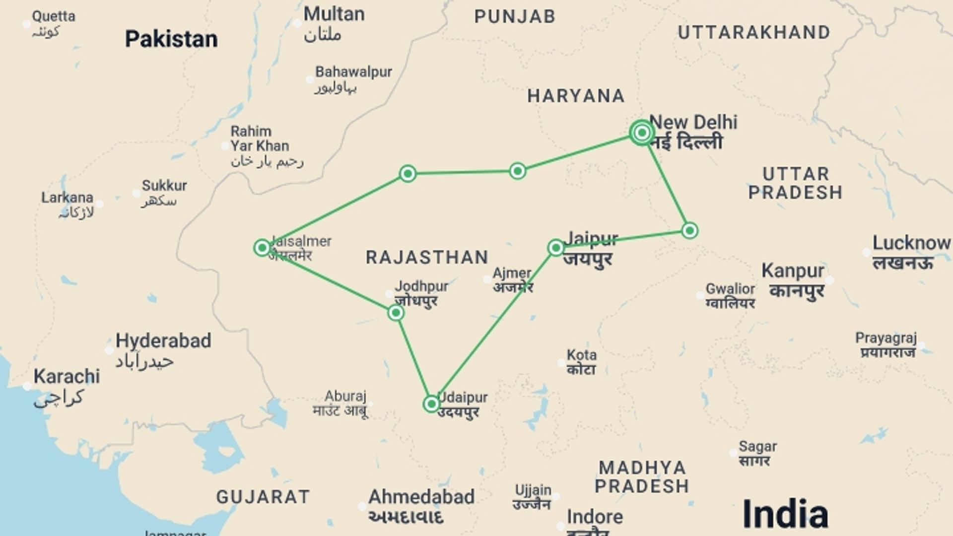 A map showing the tour itinerary for the trip: Royal Rajasthan, starting in New Delhi, India and ending in Agra, India going through 6 other destinations.