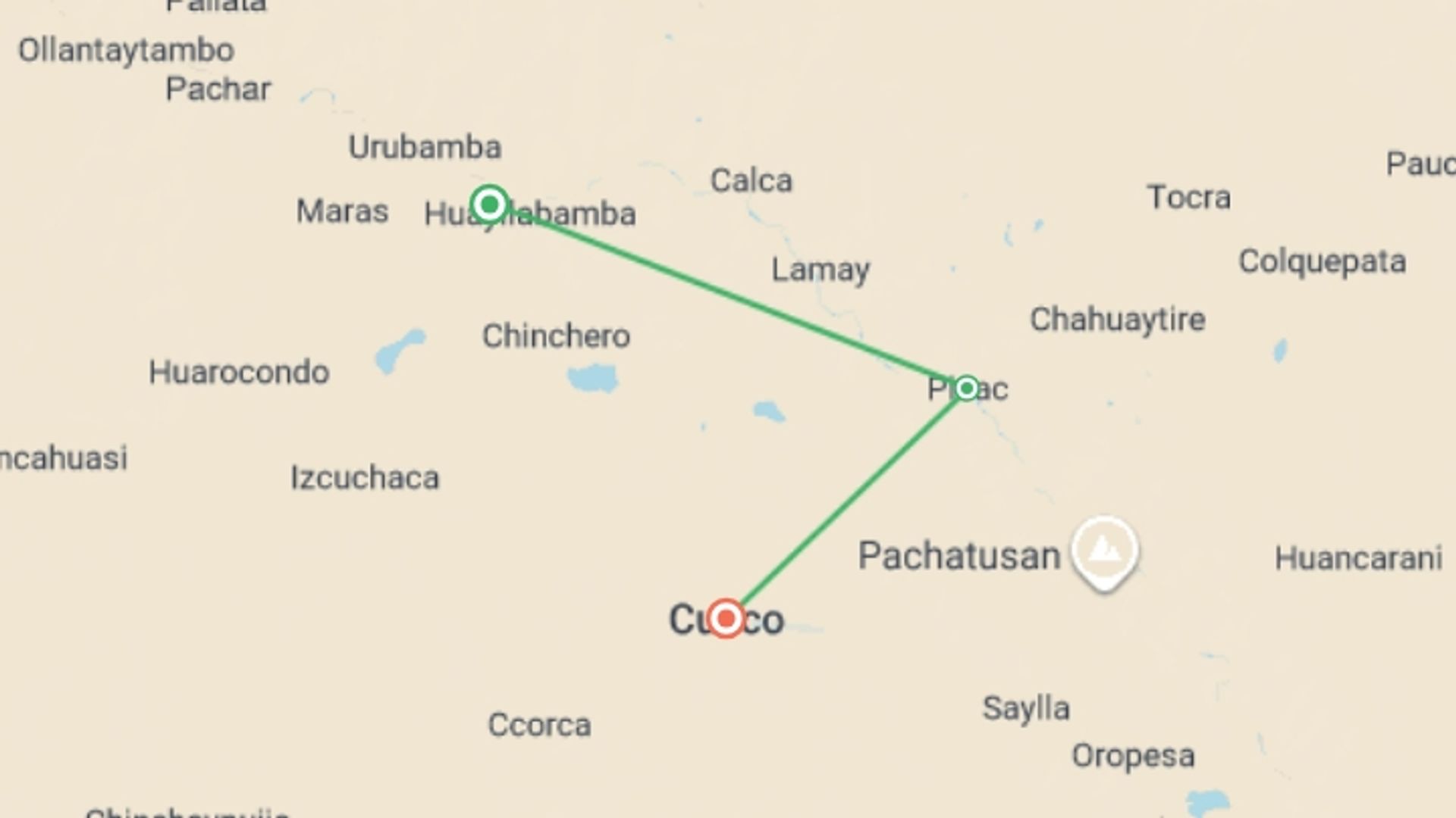 A map showing the tour itinerary for the trip: Sacred Valley Discovery & Lodge Getaway 3D/2N, starting in Cusco, Peru and ending in Cusco, Peru going through 3 other destinations.