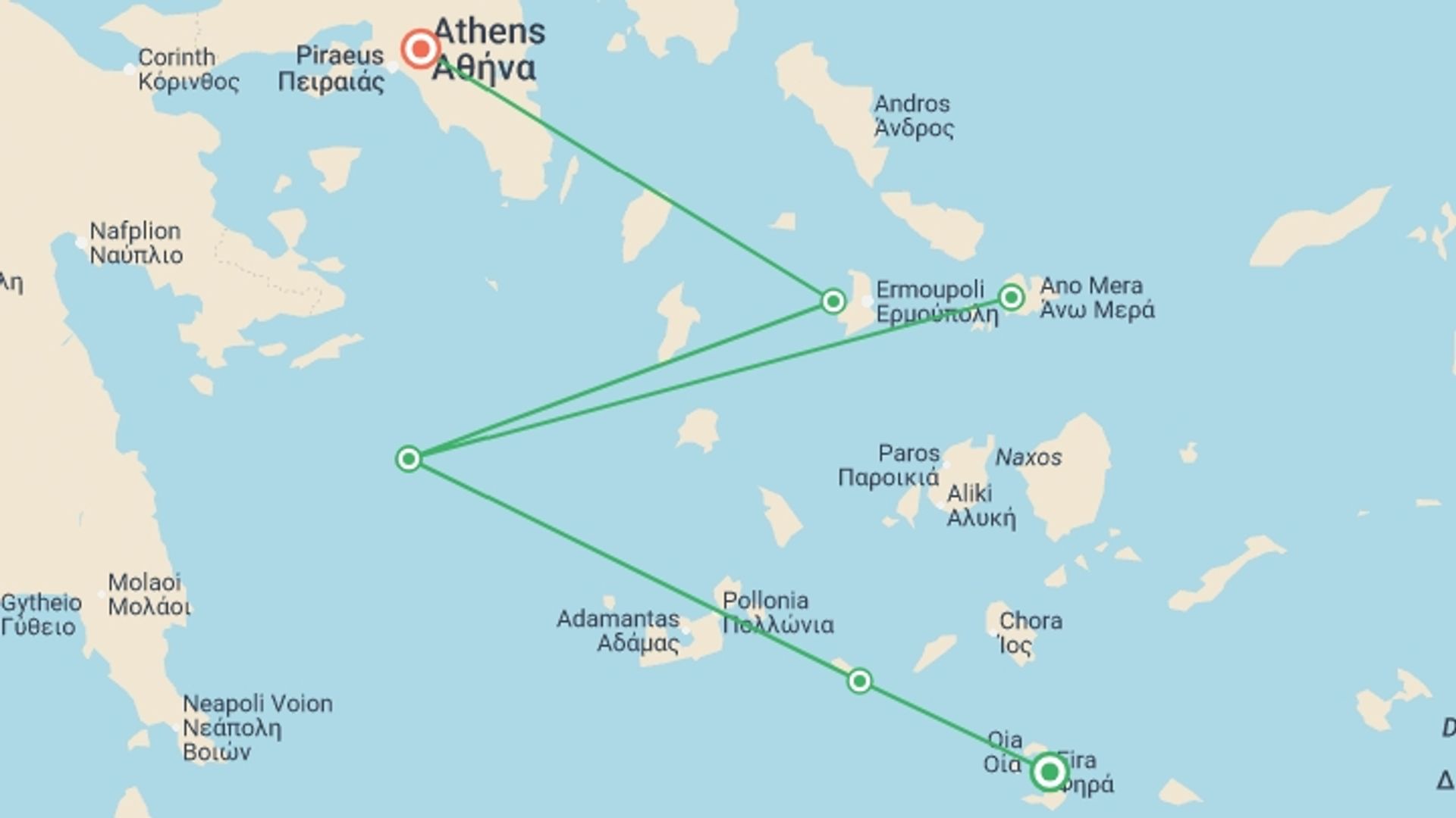 A map showing the tour itinerary for the trip: Sailing Greece - Santorini to Athens, starting in Santorini, Greece and ending in Athens, Greece going through 6 other destinations.