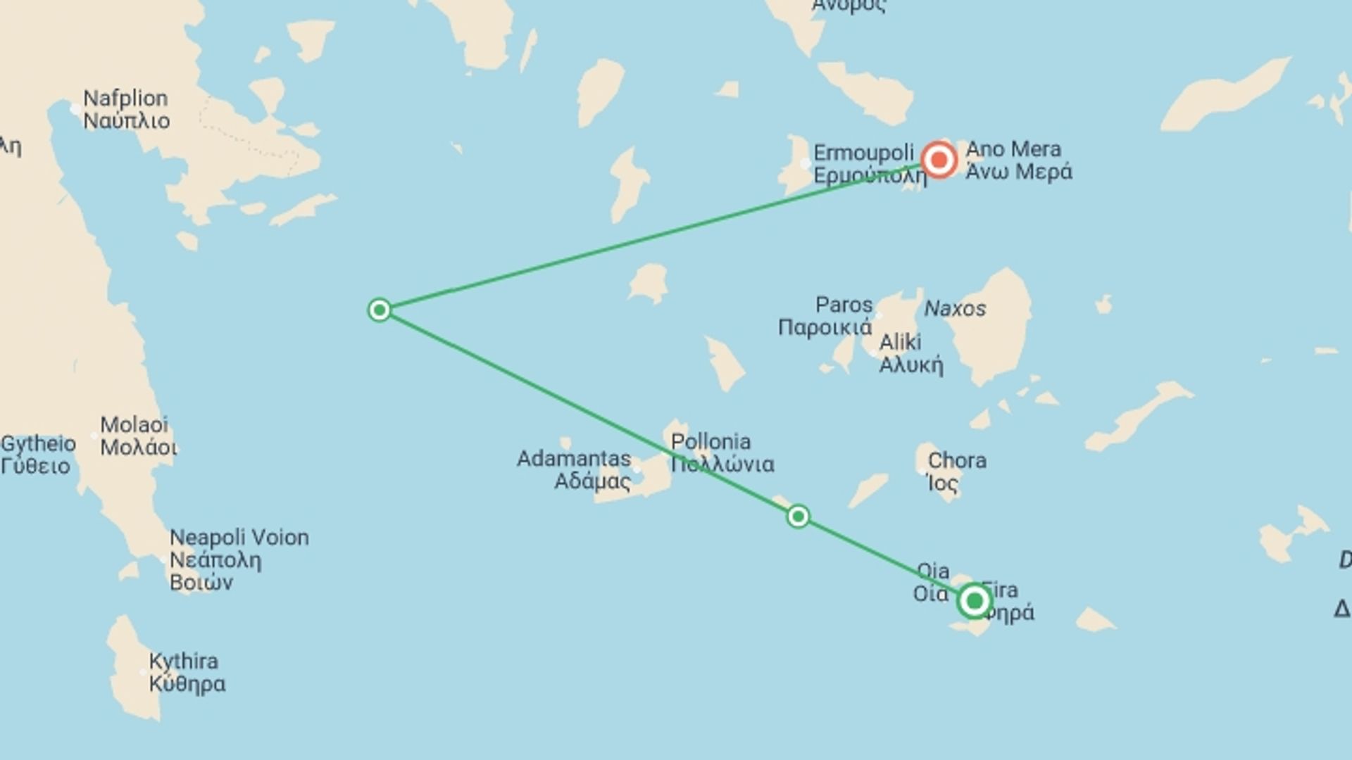A map showing the tour itinerary for the trip: Sailing Greece - Santorini to Mykonos, starting in Santorini, Greece and ending in Mykonos, Greece going through 4 other destinations.