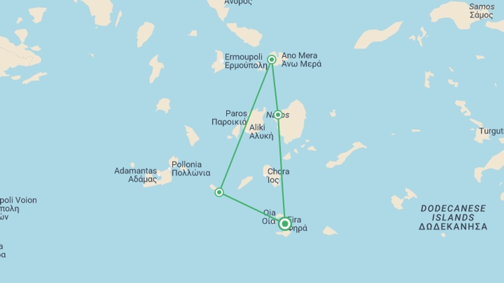 A map showing the tour itinerary for the trip: Sailing Greece - Santorini to Santorini, starting in Santorini, Greece and ending in Santorini, Greece going through 3 other destinations.