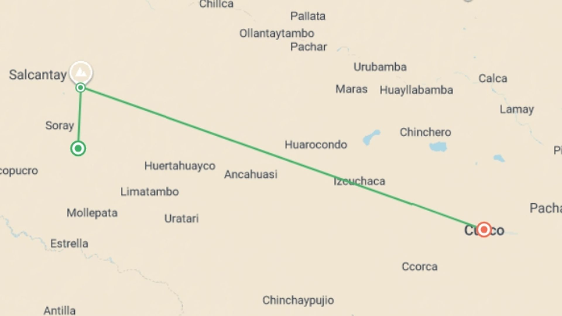 A map showing the tour itinerary for the trip: Salkantay Exploration & Lodge Getaway 3D/2N, starting in Cusco, Peru and ending in Cusco, Peru going through 3 other destinations.