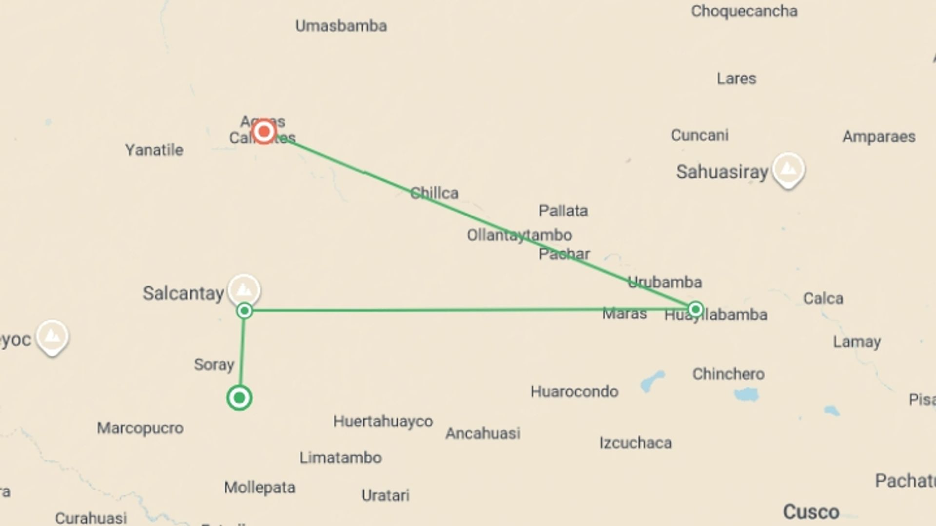 A map showing the tour itinerary for the trip: Salkantay Lodge Getaway & Machu Picchu 4D/3N, starting in Cusco, Peru and ending in Cusco, Peru going through 4 other destinations.