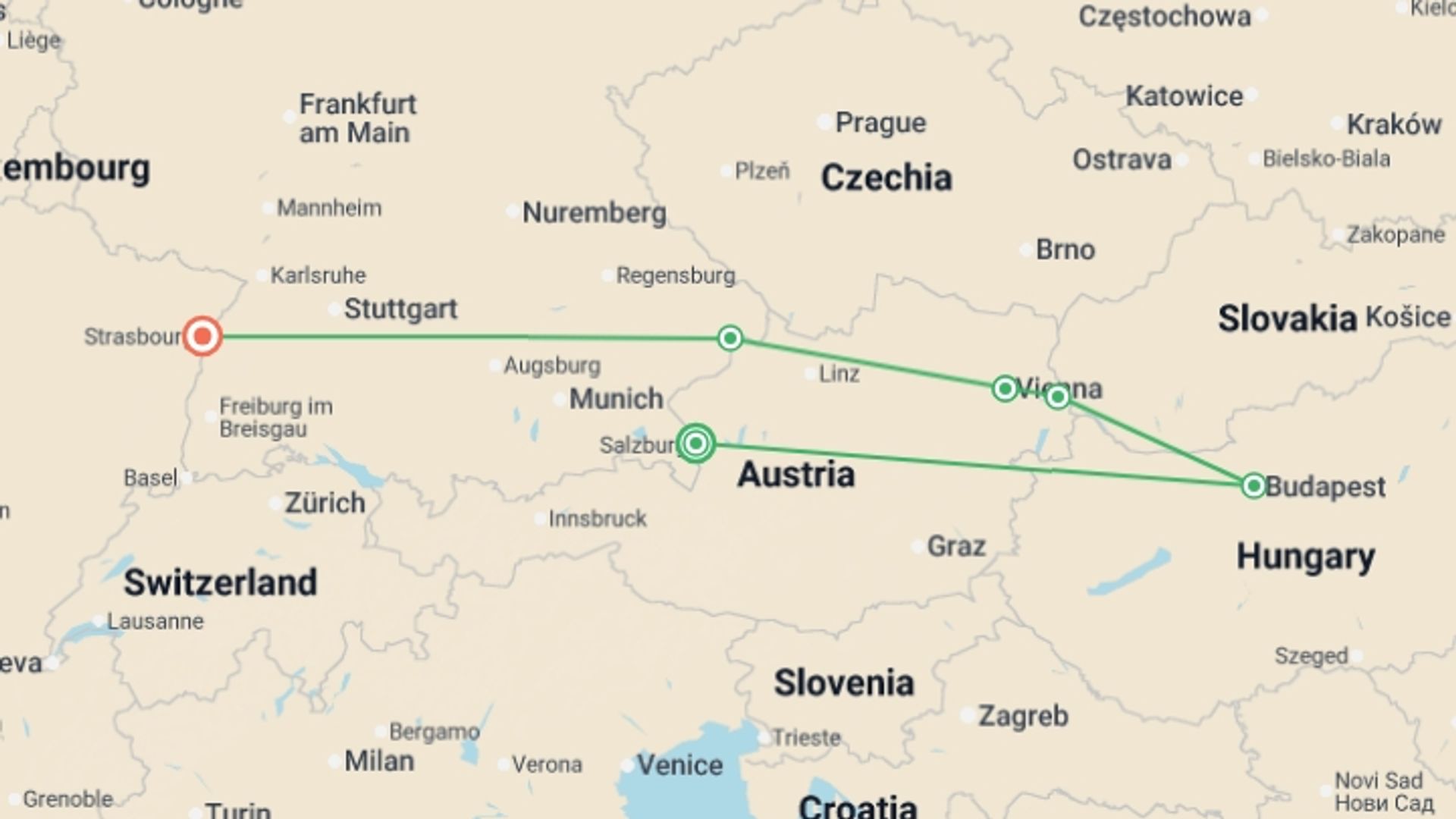 A map showing the tour itinerary for the trip: Salzburg and the Beautiful Blue Danube, starting in Strasbourg, France and ending in Strasbourg, France going through 6 other destinations.