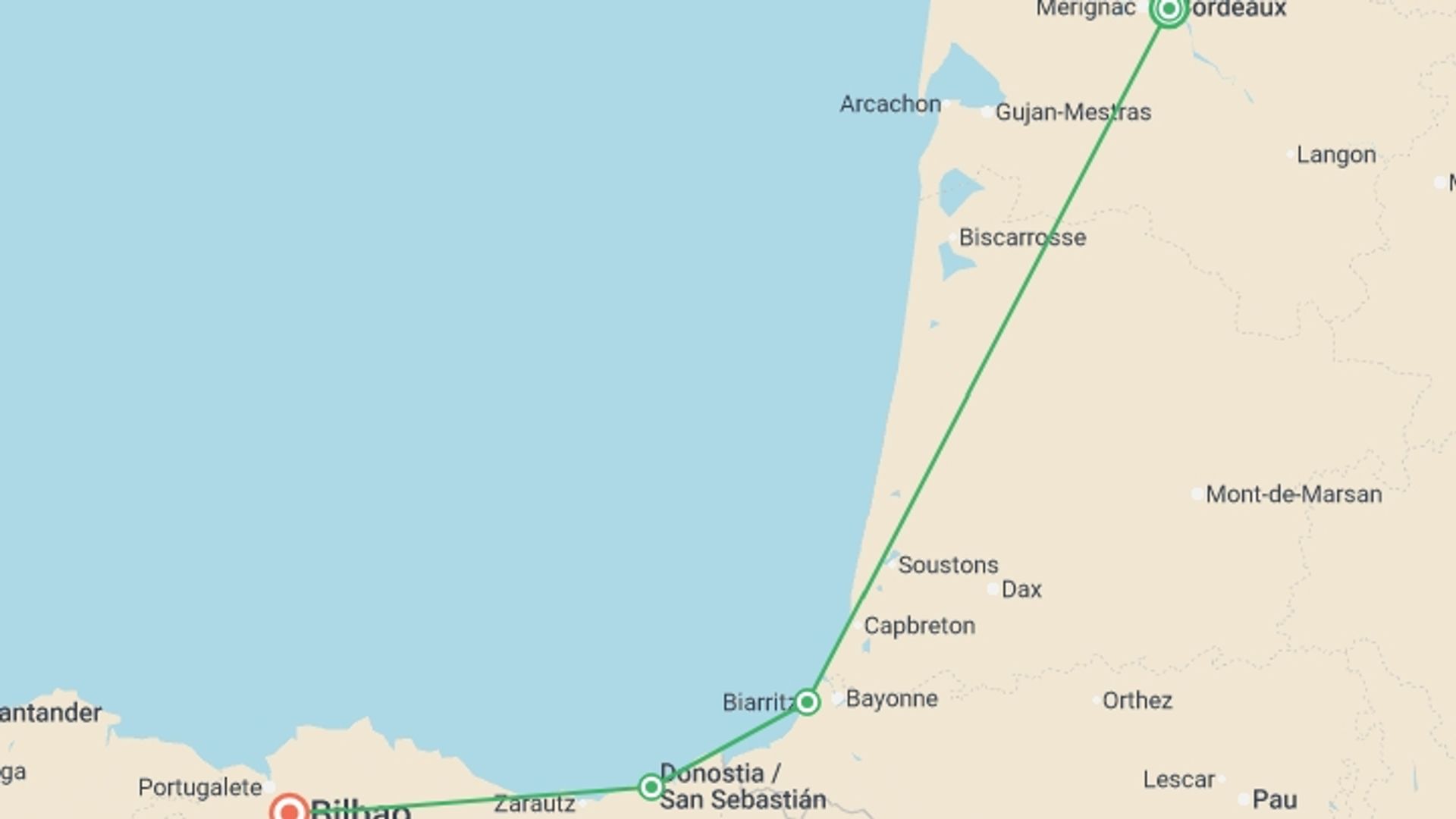 A map showing the tour itinerary for the trip: San Sebastian and Beyond - Small Group, starting in Bordeaux, France and ending in Bilbao, Spain going through 4 other destinations.
