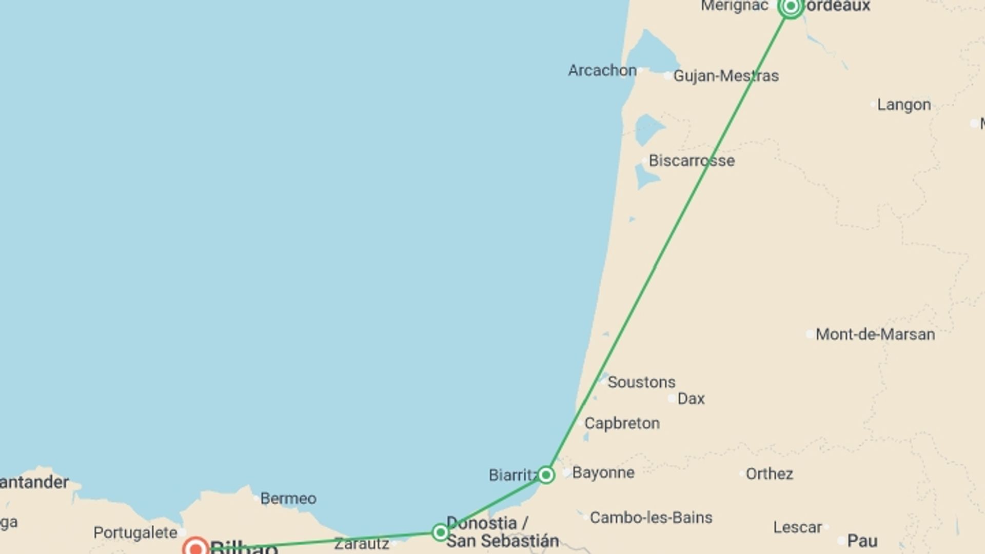 A map showing the tour itinerary for the trip: San Sebastian and Beyond - Small Group, starting in Bordeaux, France and ending in Bilbao, Spain going through 4 other destinations.