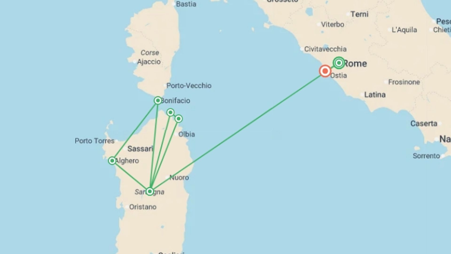 A map showing the tour itinerary for the trip: Sardinia & Corsica: Islands of Italy and France , starting in Rome, Italy and ending in Rome, Italy going through 3 other destinations.