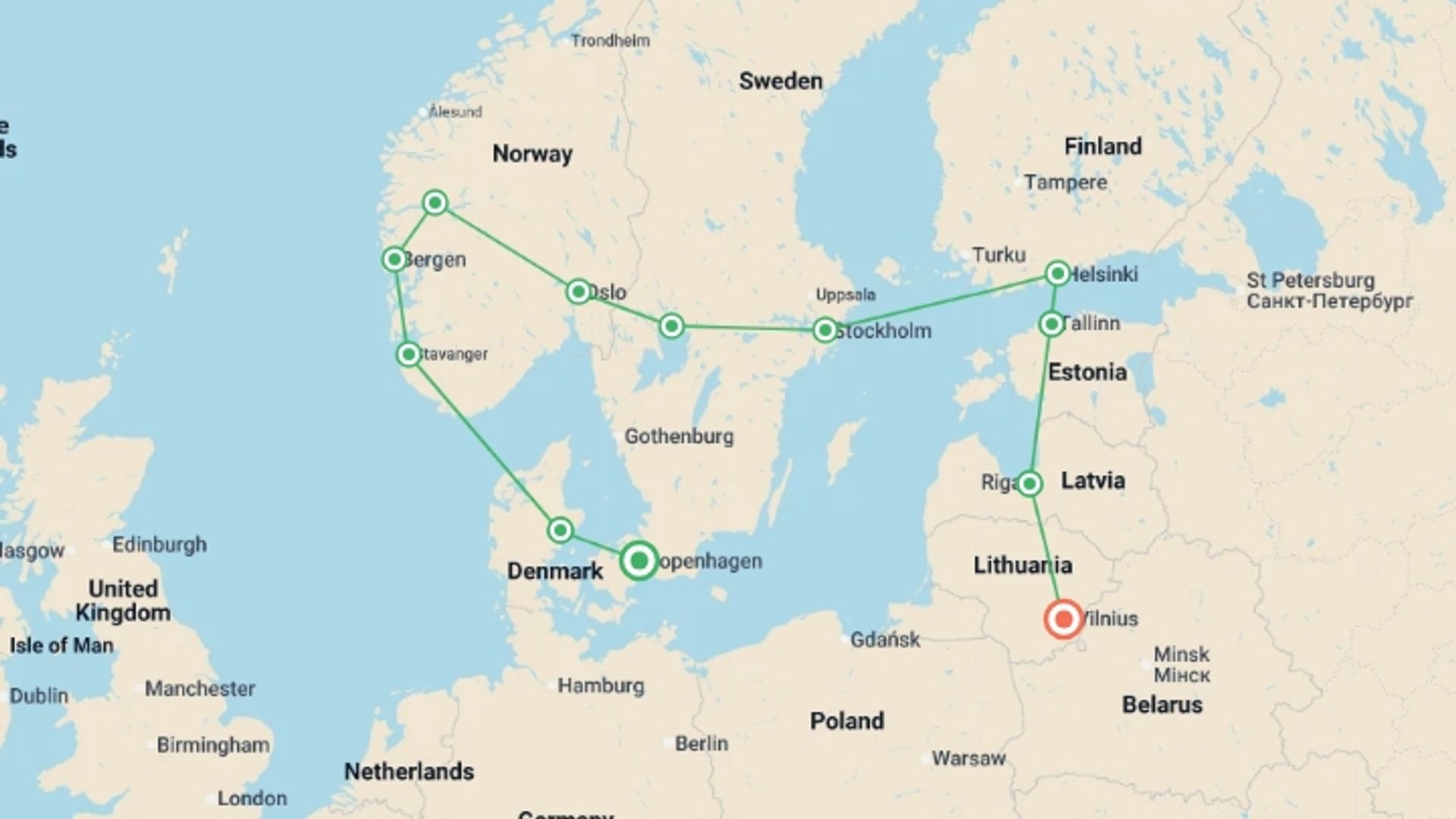 A map showing the tour itinerary for the trip: Scandinavia & the Baltics - 17 days, starting in Copenhagen, Denmark and ending in Vilnius, Lithuania going through 9 other destinations.