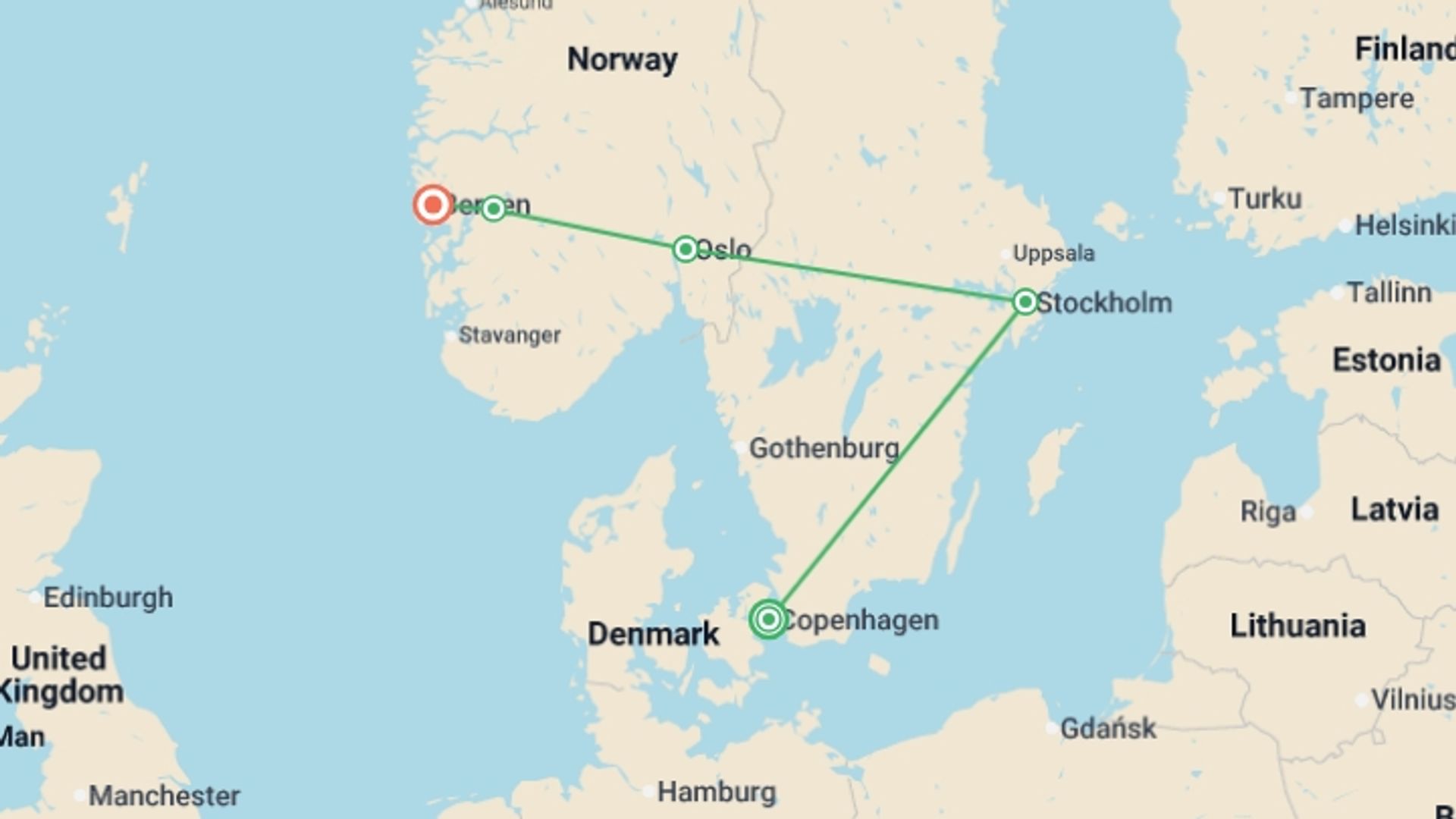 A map showing the tour itinerary for the trip: Scandinavian Discovery, starting in Copenhagen, Denmark and ending in Bergen, Norway going through 4 other destinations.