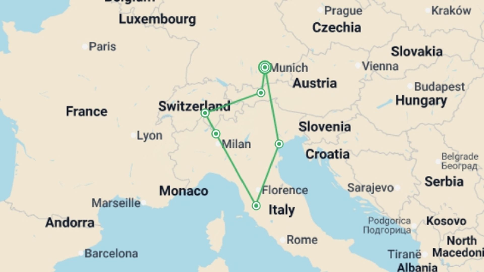 A map showing the tour itinerary for the trip: Scenic Europe, starting in Munich, Germany and ending in Munich, Germany going through 6 other destinations.