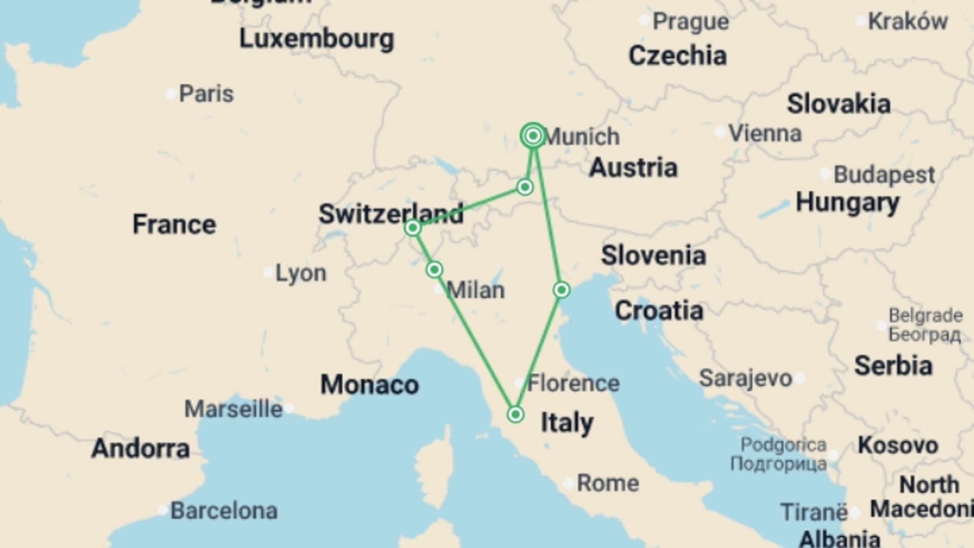 A map showing the tour itinerary for the trip: Scenic Europe, starting in Munich, Germany and ending in Munich, Germany going through 6 other destinations.