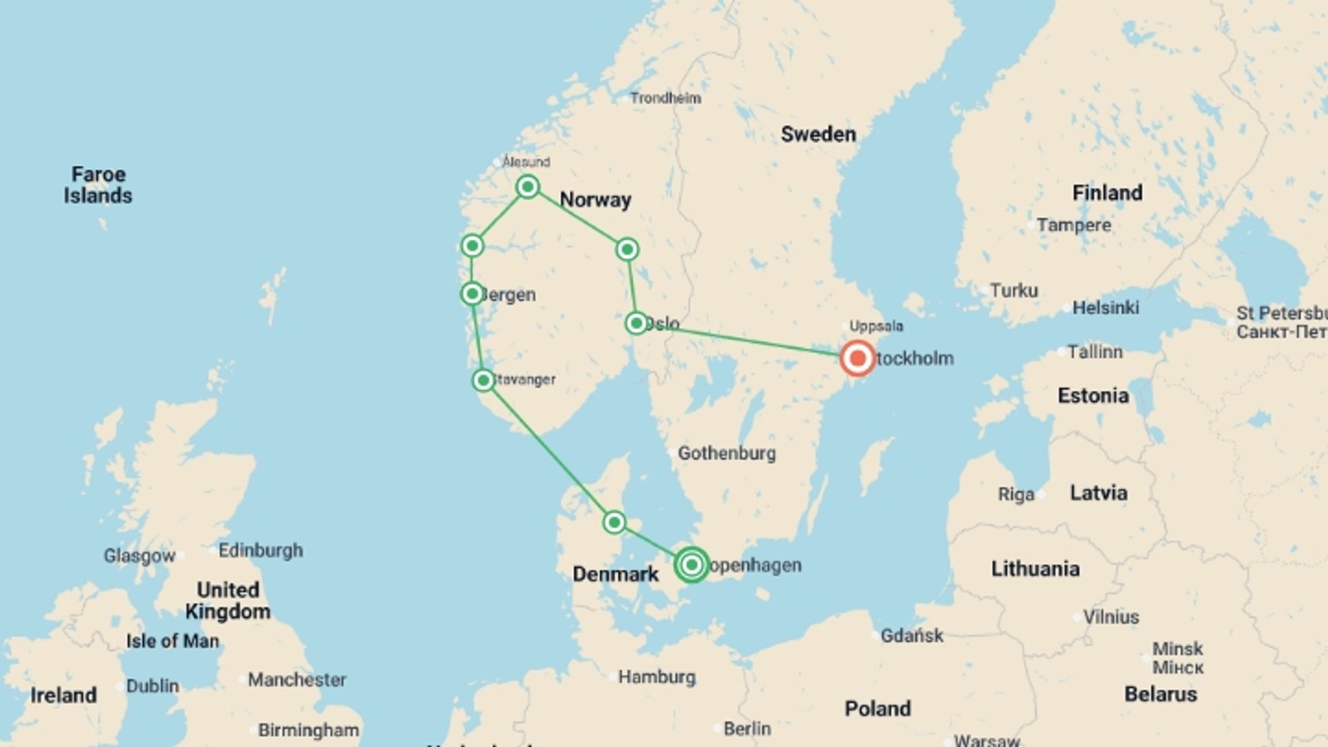 A map showing the tour itinerary for the trip: Scenic Scandinavia and its Fjords, starting in Copenhagen, Denmark and ending in Stockholm, Sweden going through 5 other destinations.