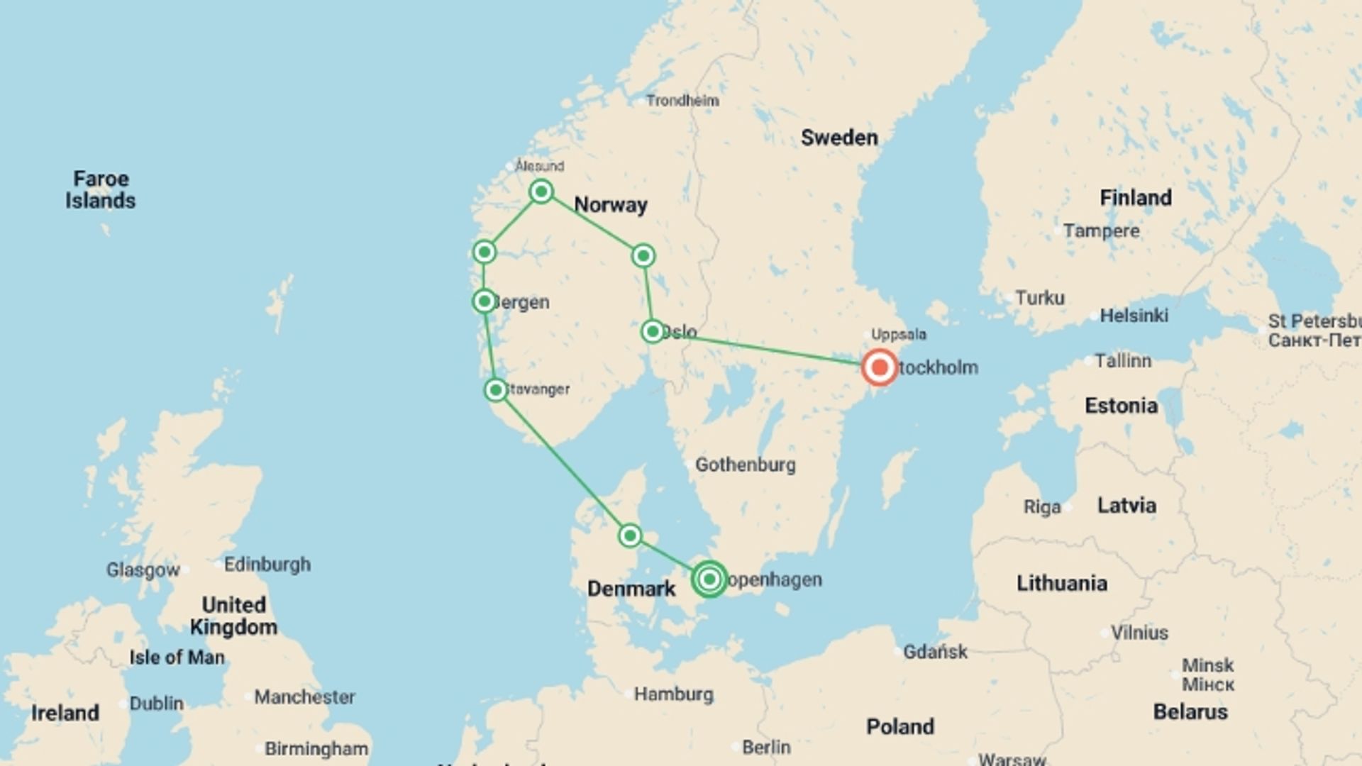 A map showing the tour itinerary for the trip: Scenic Scandinavia and its Fjords, starting in Copenhagen, Denmark and ending in Stockholm, Sweden going through 5 other destinations.