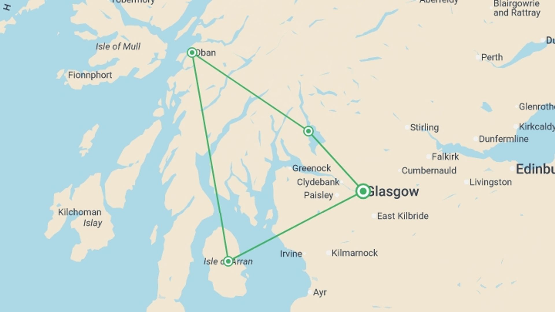 A map showing the tour itinerary for the trip: Scotland: Lochs and Landscapes, starting in Glasgow, Scotland and ending in Glasgow, Scotland going through 3 other destinations.