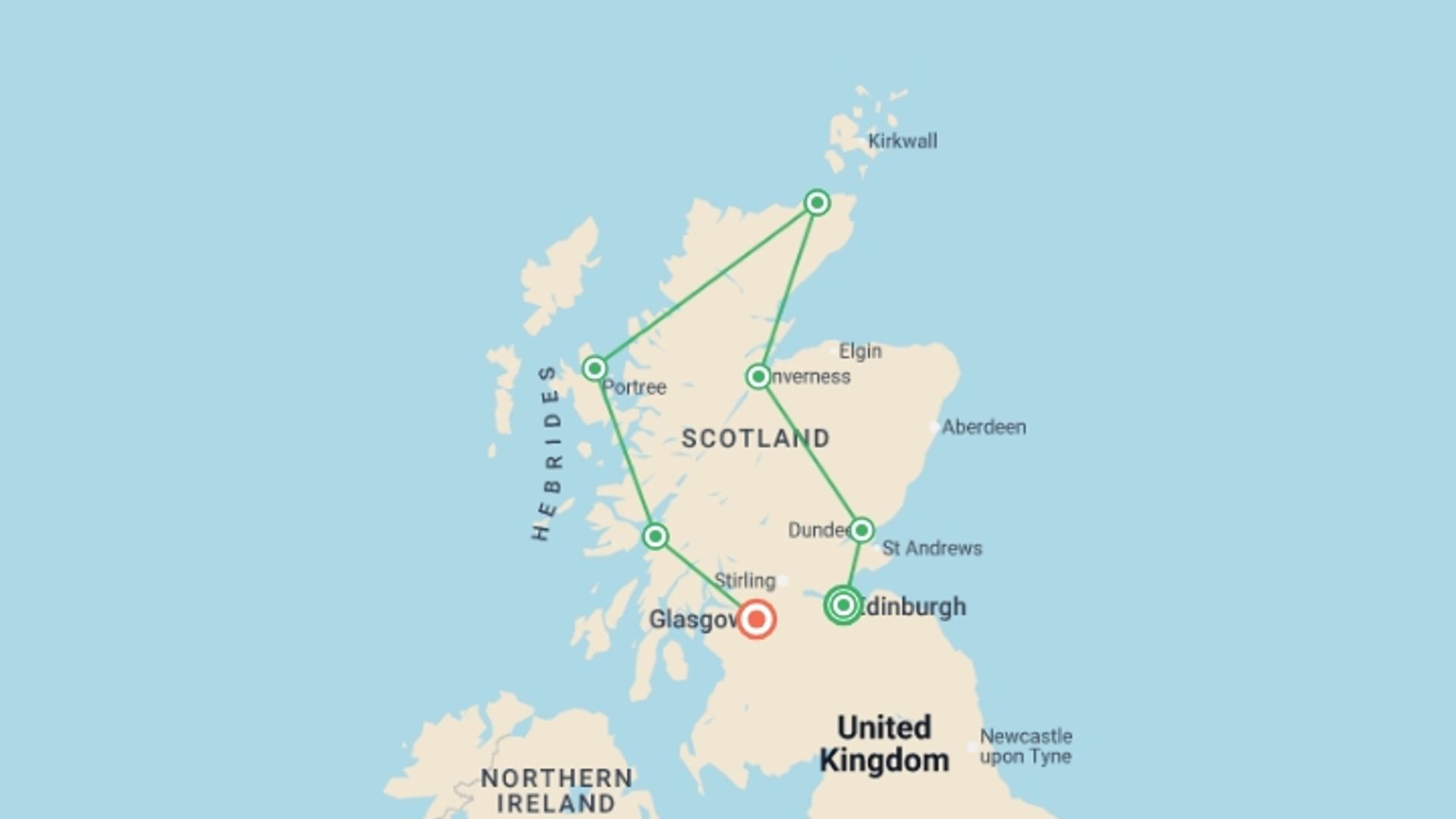 A map showing the tour itinerary for the trip: Scotland's Highlands, Islands and Cities, starting in Edinburgh, Scotland and ending in Glasgow, Scotland going through 5 other destinations.