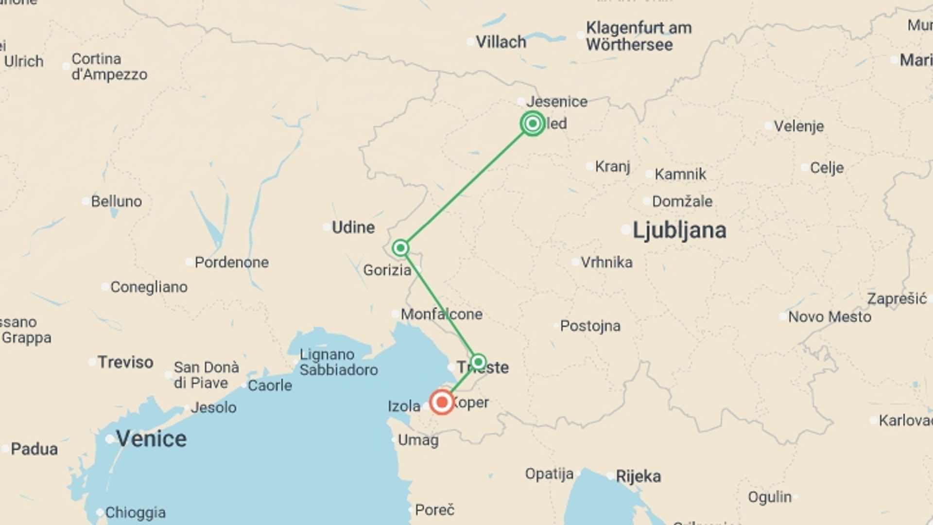 A map showing the tour itinerary for the trip: Secrets of Slovenia Self-Guided Cycling, starting in Bled, Slovenia and ending in Slovenia going through 1 other destinations.