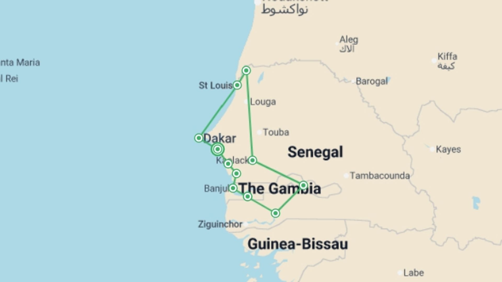 A map showing the tour itinerary for the trip: Senegal and The Gambia, starting in Dakar, Senegal and ending in Senegal going through 2 other destinations.