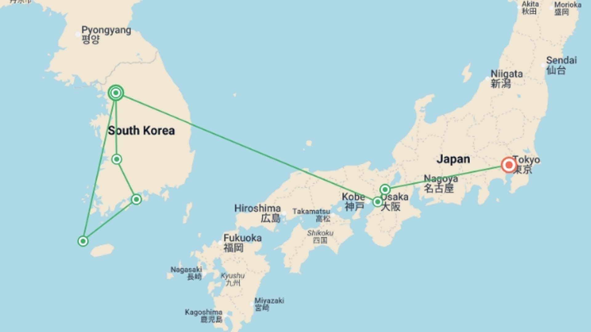 A map showing the tour itinerary for the trip: Seoul to Tokyo: Korea & Japan Highlights, starting in Seoul, South Korea and ending in Tokyo, Japan going through 4 other destinations.