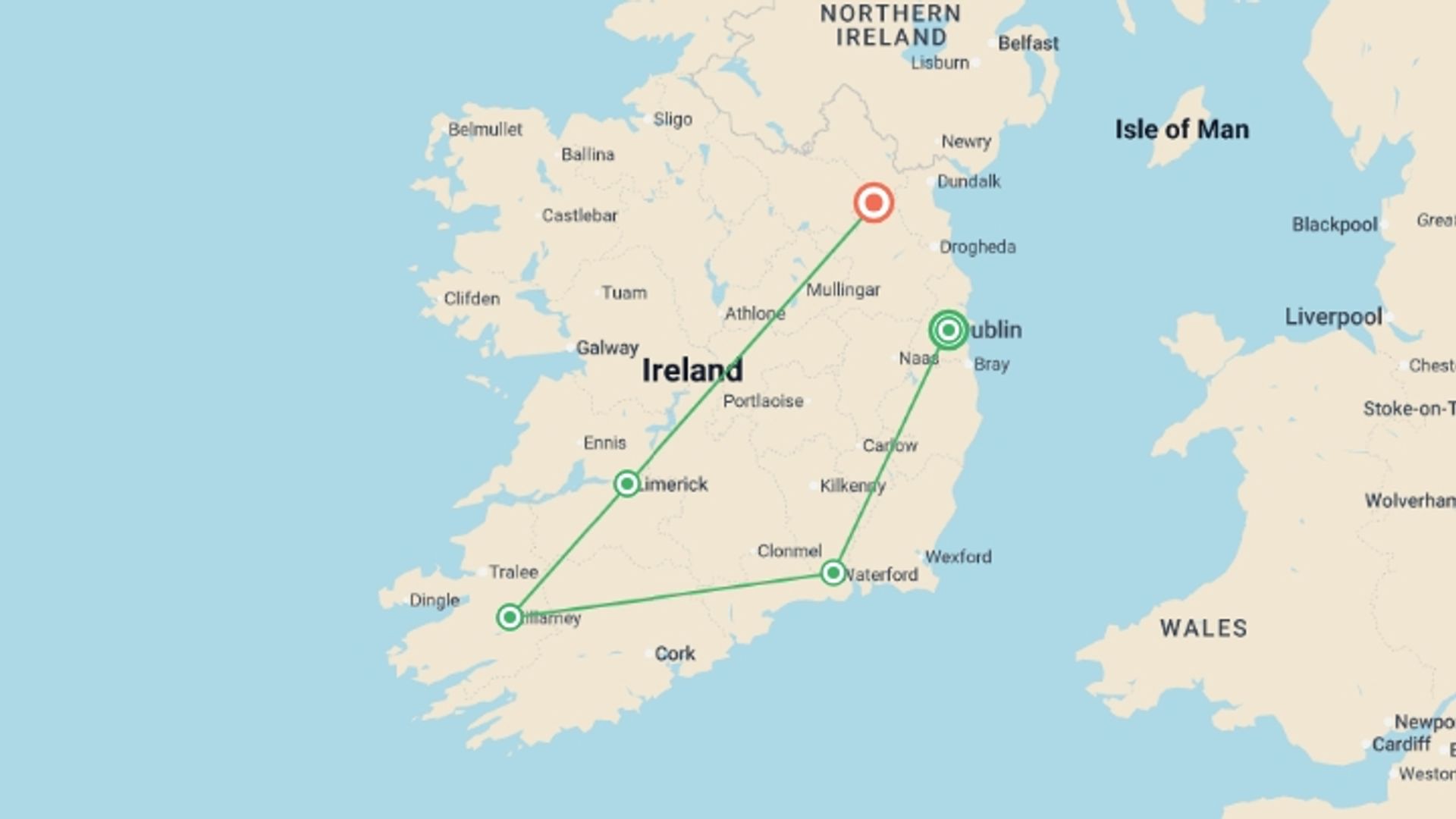 A map showing the tour itinerary for the trip: Shades of Ireland , starting in Dublin, Ireland and ending in Killarney, Ireland going through 5 other destinations.