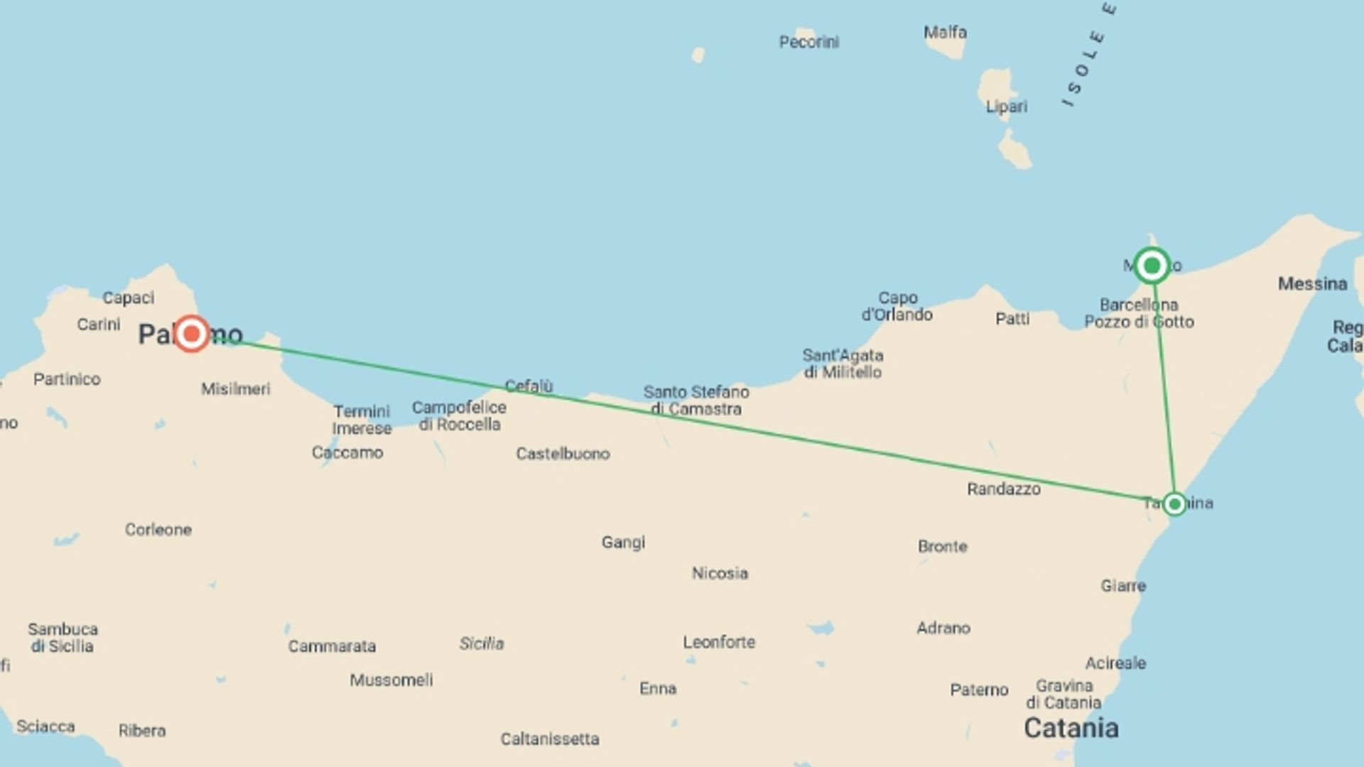 A map showing the tour itinerary for the trip: Sicilian Paradise, starting in Palermo, Italy and ending in Palermo, Italy going through 3 other destinations.