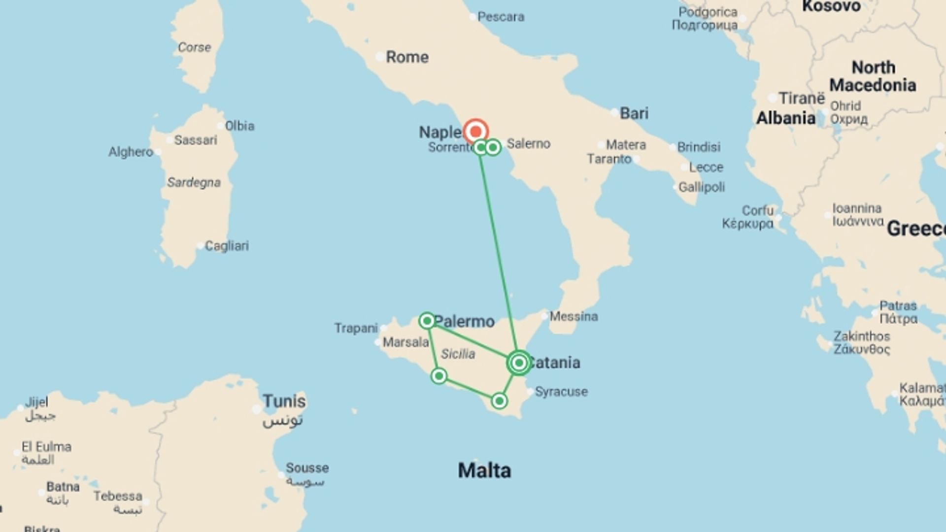A map showing the tour itinerary for the trip: Sicily, Amalfi & Capri Discovery - 13 days, starting in Catania, Italy and ending in Naples, Italy going through 4 other destinations.
