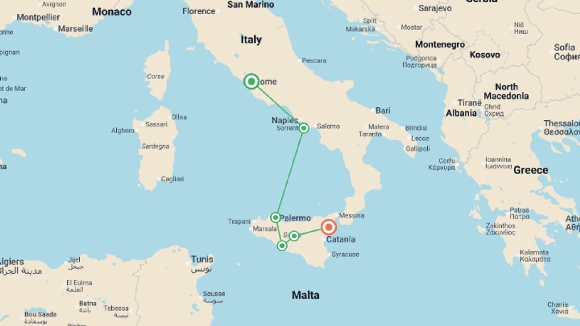 A map showing the tour itinerary for the trip: Sicily & Amalfi Coast Escape, starting in Rome, Italy and ending in Taormina, Italy going through 6 other destinations.