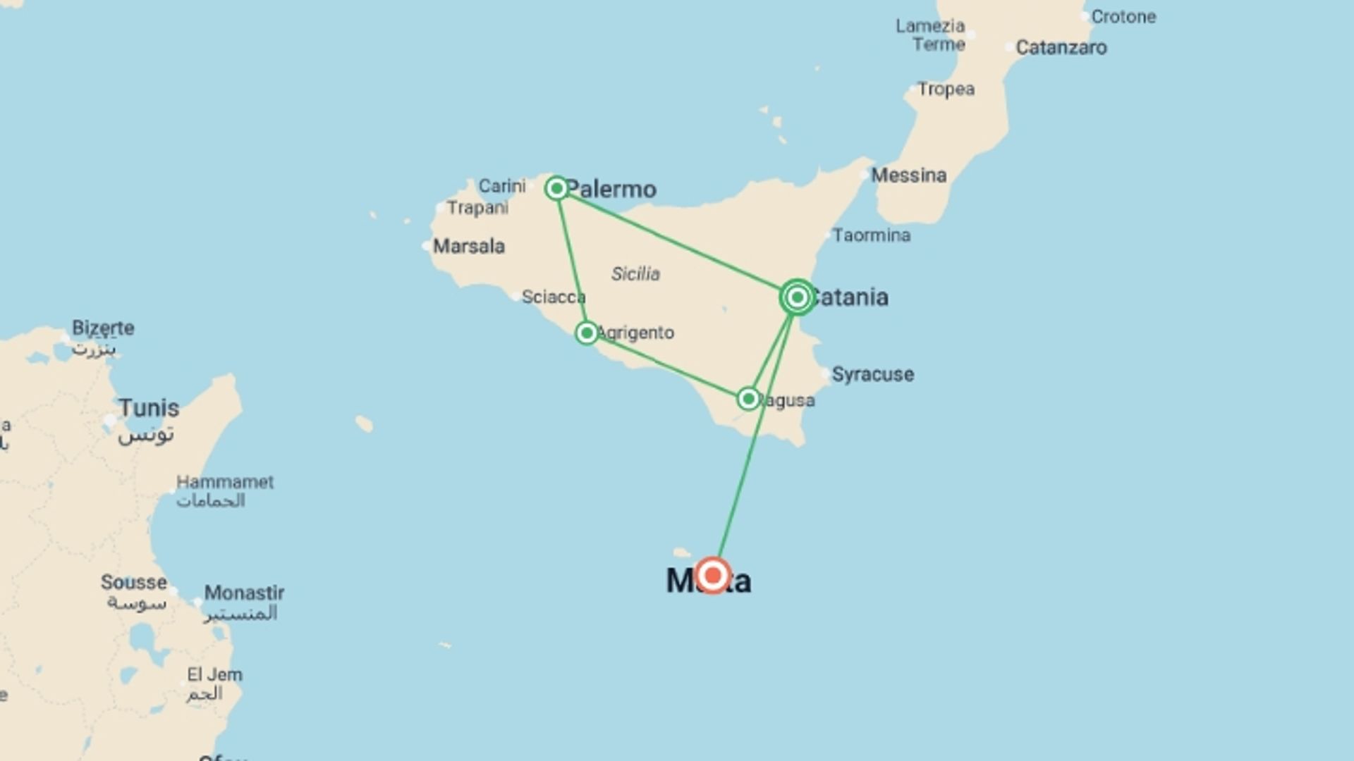 A map showing the tour itinerary for the trip: Sicily & Malta Explorer - 11 days, starting in Catania, Italy and ending in Malta going through 2 other destinations.
