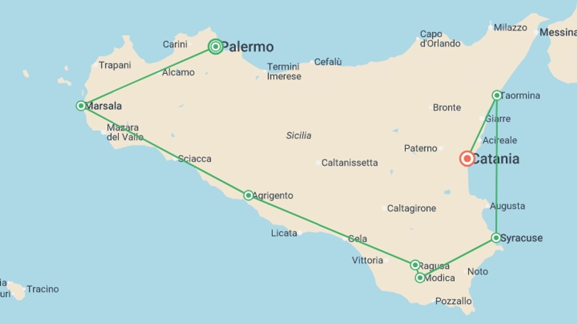 A map showing the tour itinerary for the trip: Sicily in Depth, starting in Palermo, Italy and ending in Sicily, Italy going through 5 other destinations.