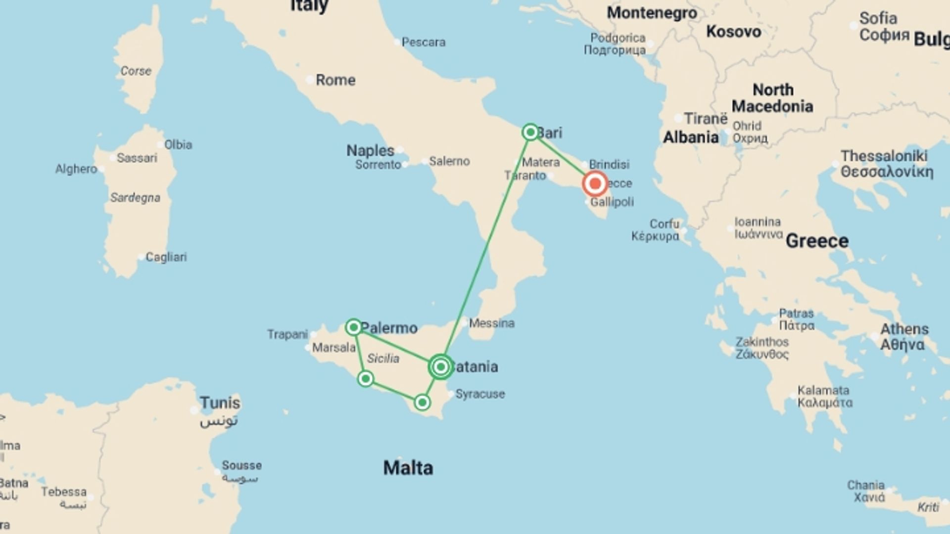 A map showing the tour itinerary for the trip: Sicily, Matera &  Puglia - 13 days, starting in Catania, Italy and ending in Lecce, Italy going through 4 other destinations.