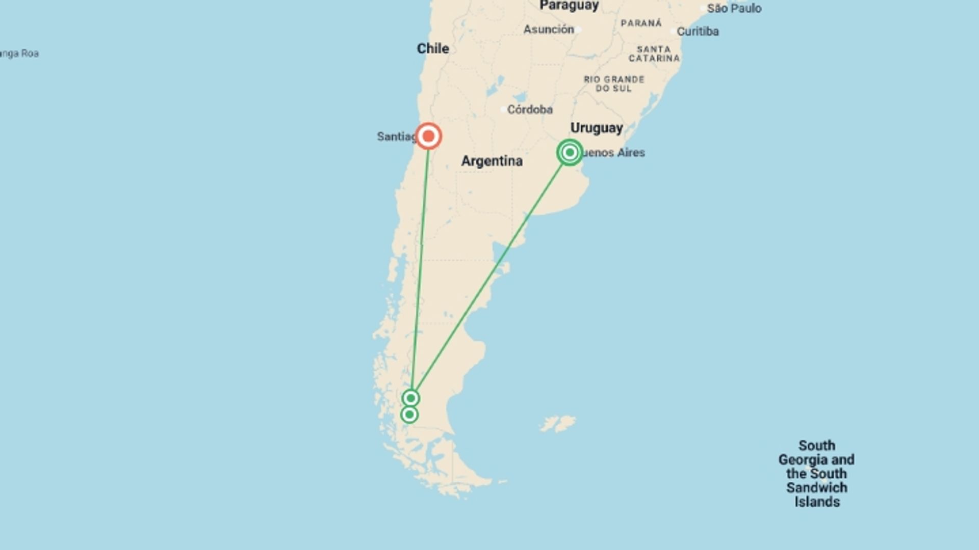 A map showing the tour itinerary for the trip: Signature: Argentina, Chile & the Heart of Patagonia, starting in Buenos Aires, Argentina and ending in Santiago, Chile going through 3 other destinations.